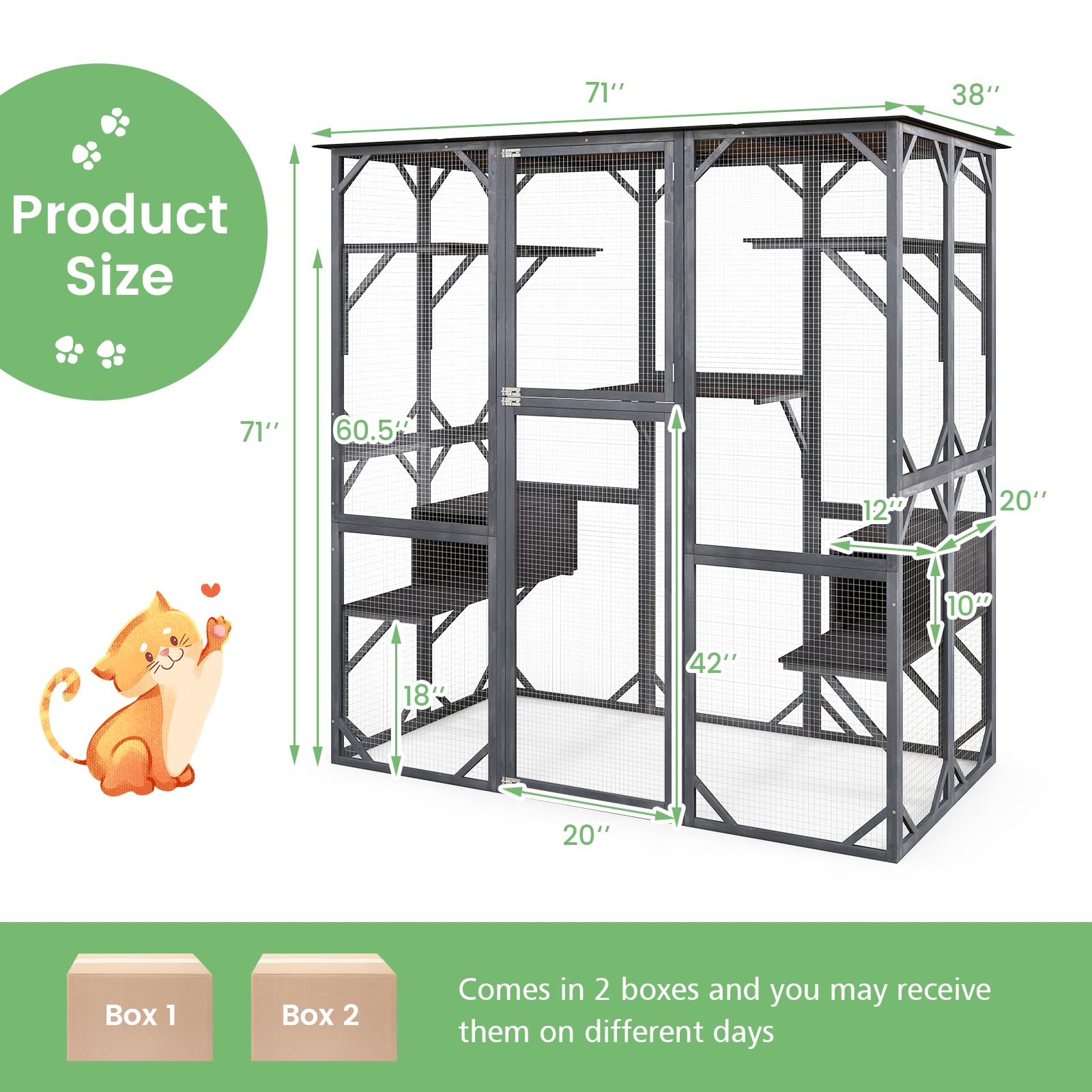 Tangkula Catio Outdoor Cat Enclosure Large, 71 Inch Outdoor Cat House Weatherproof With Asphalt Roof, Wooden Cat Cage Playpen With 7 Jumping Platforms & 2 Resting Boxes, Walk-In Cat Kennel Condo