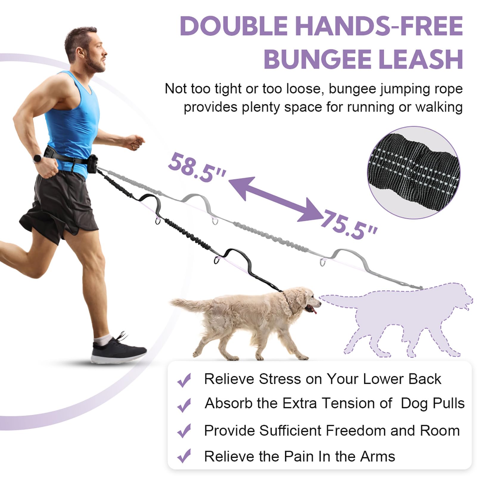 Yicostar Hands Free Dog Leash, Shcok Abosoring Bungee With Double Padded Handles, Waist Leash For Dog Walking, Dog Leash With Bu