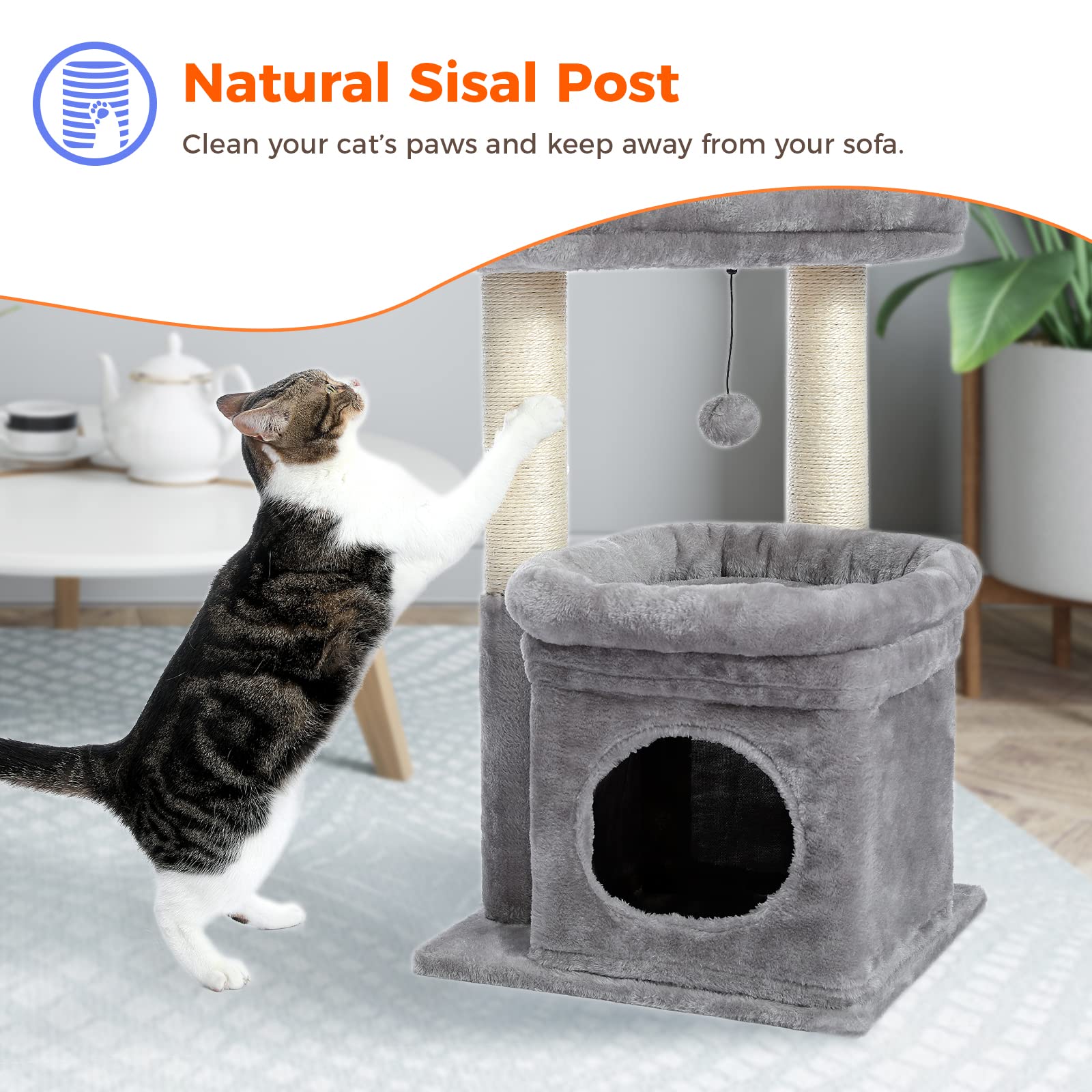 PEQULTI Cat Tree Tower for Indoor Cats, Cozy Condo, Sisal Scratching Posts, 27" Grey, Model AMT0179
