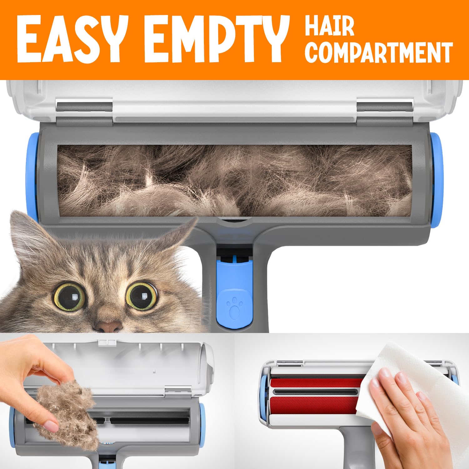 Triton Pet Hair Remover - Easy-to-Use Tool for Cats & Dogs - Compact, Gray/White - Reusable with Fur Trapping Compartment