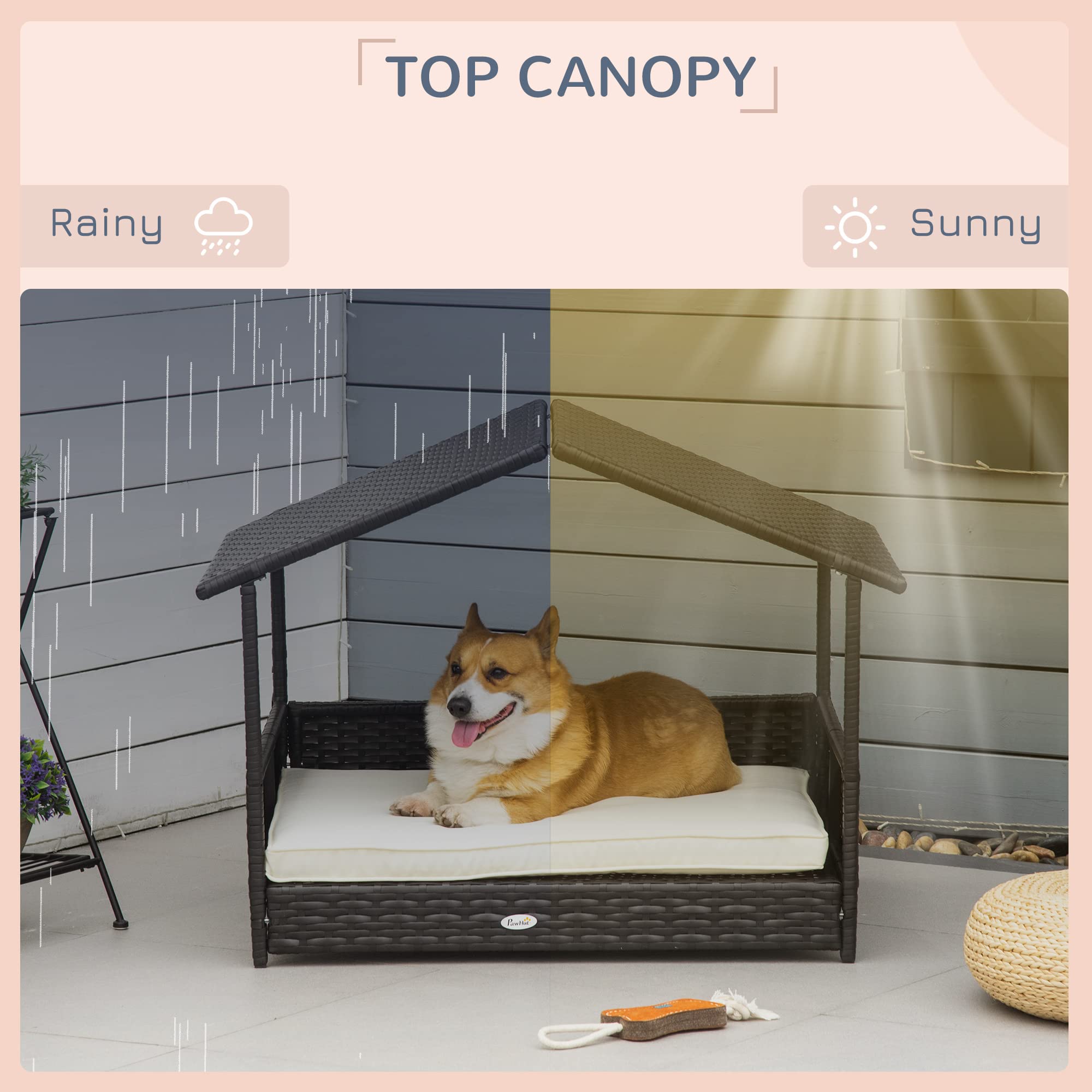 PawHut Wicker Dog House Outdoor with Canopy, Rattan Dog Bed with Water-Resistant Cushion, for Small and Medium Dogs, Cream