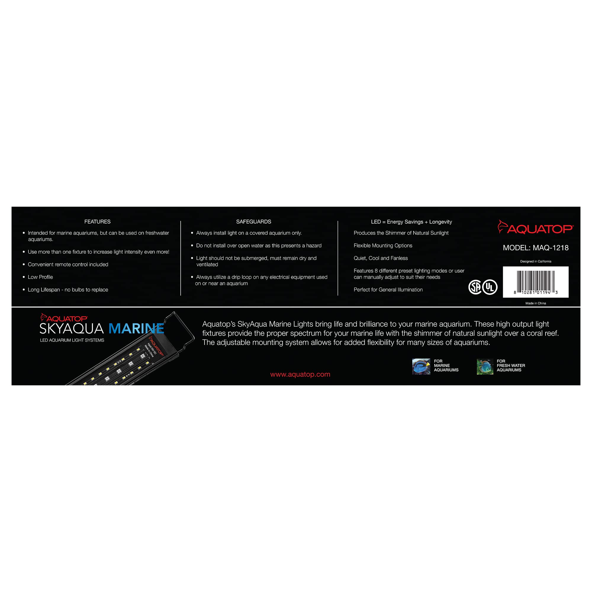 Aquatop SkyAqua Marine LED Aquarium Light, 14000K Spectrum, 12-18 Inch, Black, Remote Control, Model 39001194