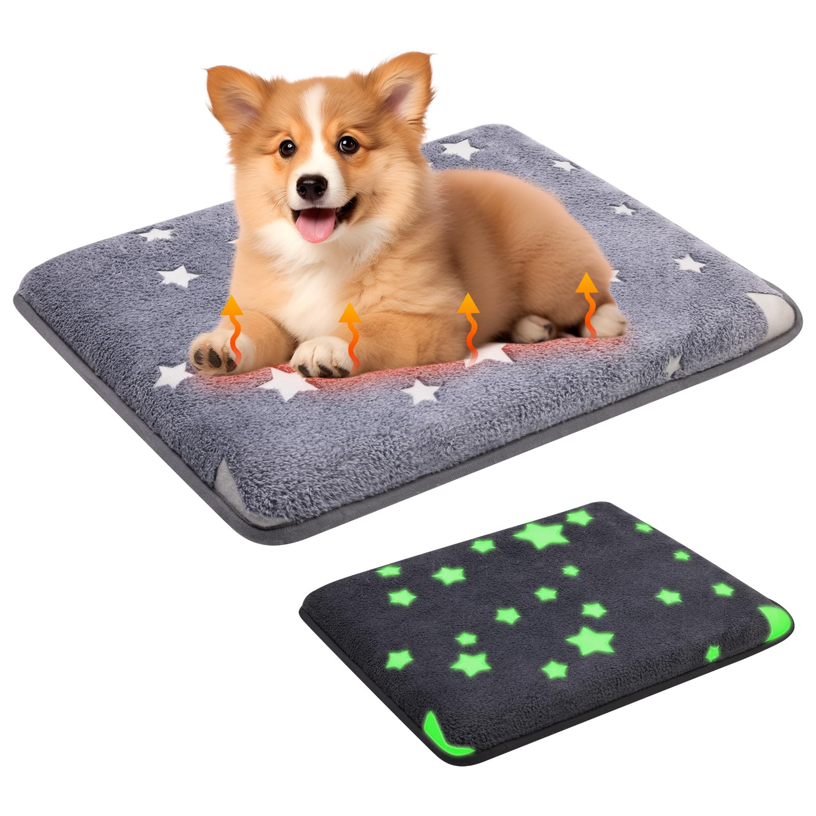 Self Warming Dog Bed Mat, 30''X20'' Graphene & Glow-In-The-Dark Fabric Dog Crate Mat, Removable Washable Cover Anti-Slip Bottom 