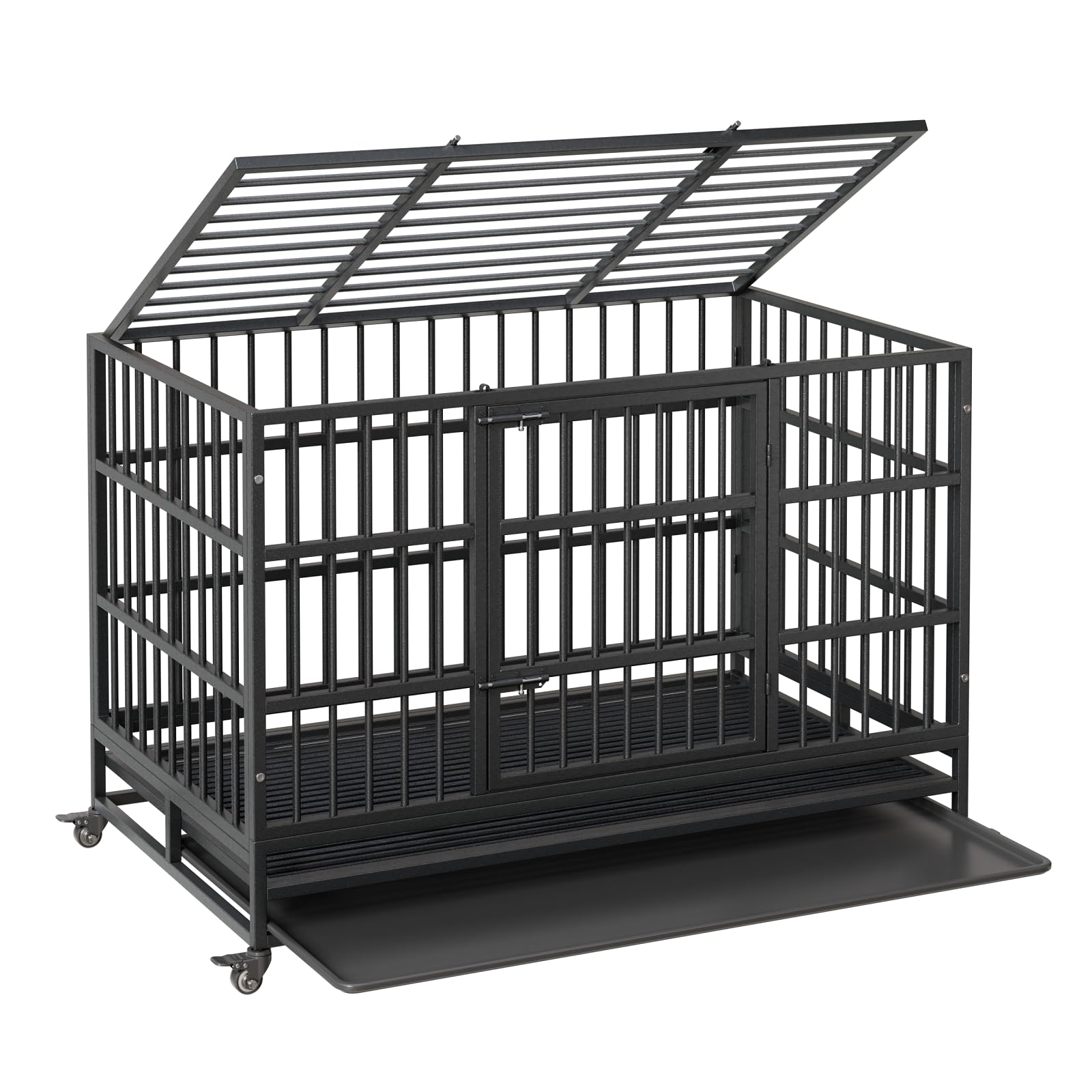 Heavy Duty Dog Crate, 48.5 Inch Indoor Dog Crate with Double Door, 360 Lockable Wheels and Removable Tray, Easy to Assembly,for 