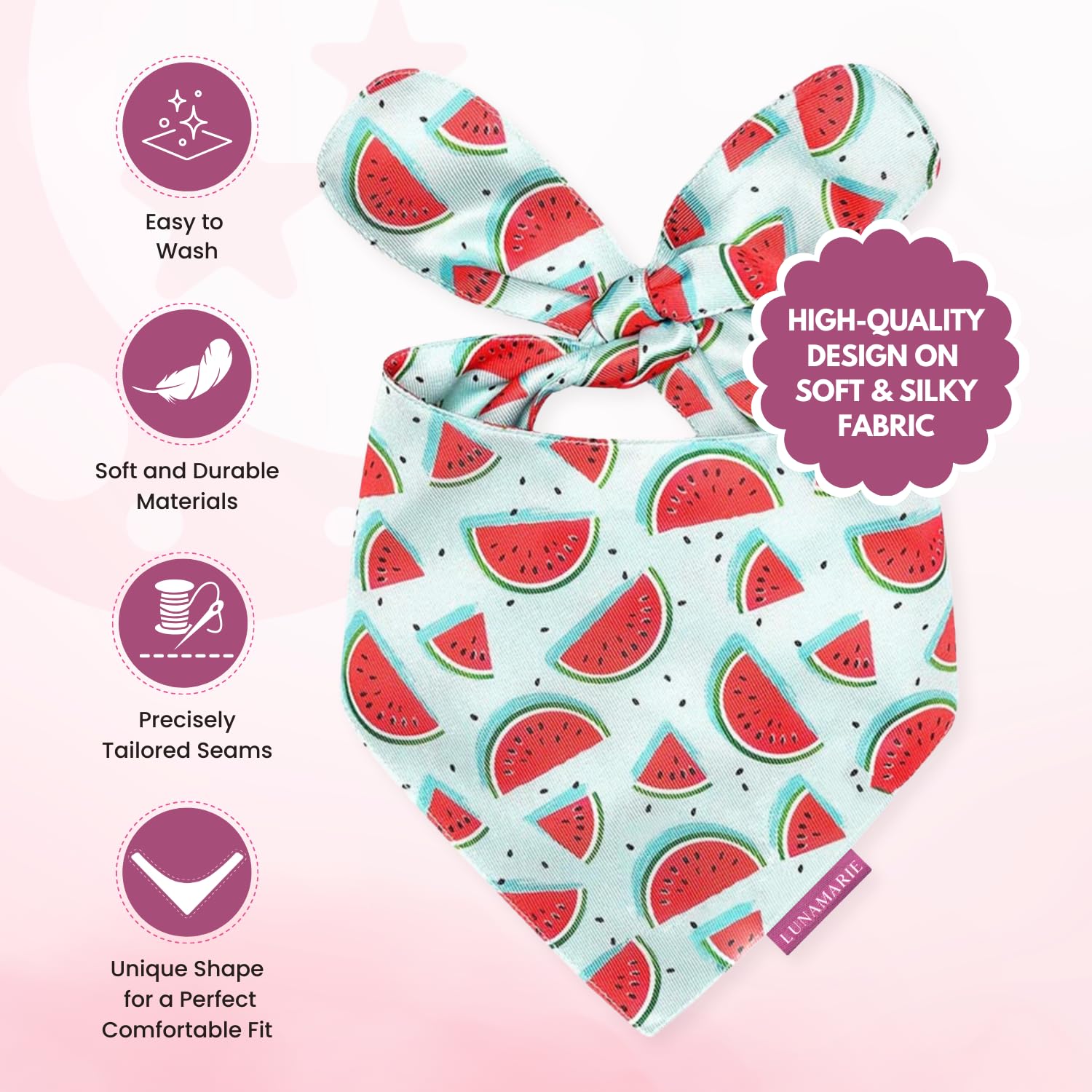 Lunamarie - Luxury Dog Bandanas - Cute Watermelon Design | Premium & Soft Fabric | 100% Handmade Custom Adjustable Shape Dual La