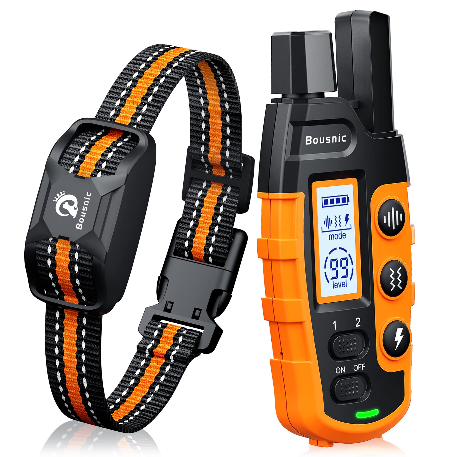 Bousnic Dog Shock Collar - 3300Ft Dog Training Collar With Remote For 5-120Lbs Small Medium Large Dogs Rechargeable Waterproof E Collar With Beep (1-8), Vibration(1-16), Safe Shock(1-99) (Orange)