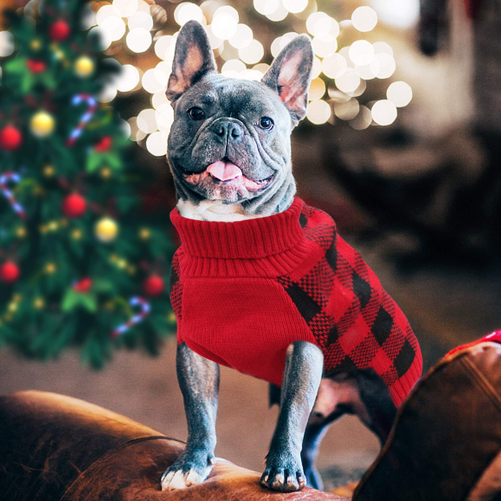 Kyeese Christmas Reindeer Dog Sweater For Medium Dogs With Leash Hole Dog Sweaters Red Buffalo Check Pet Sweater,Xxl