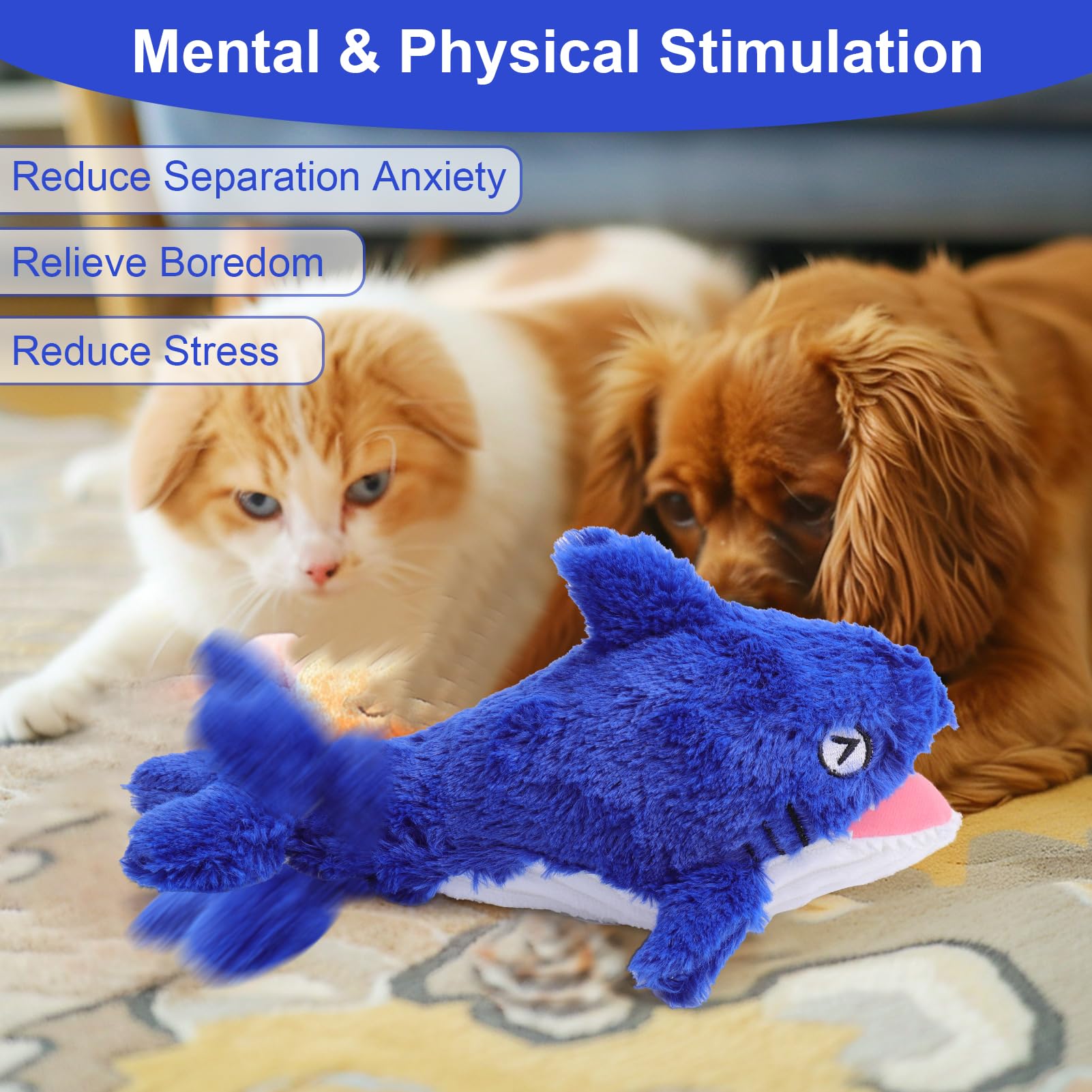 Mity rain Shark Dog Toy - 2 in 1 Interactive Plush Squeaky Toy, Rechargeable Wiggly Fish for Small to Large Dogs, Blue