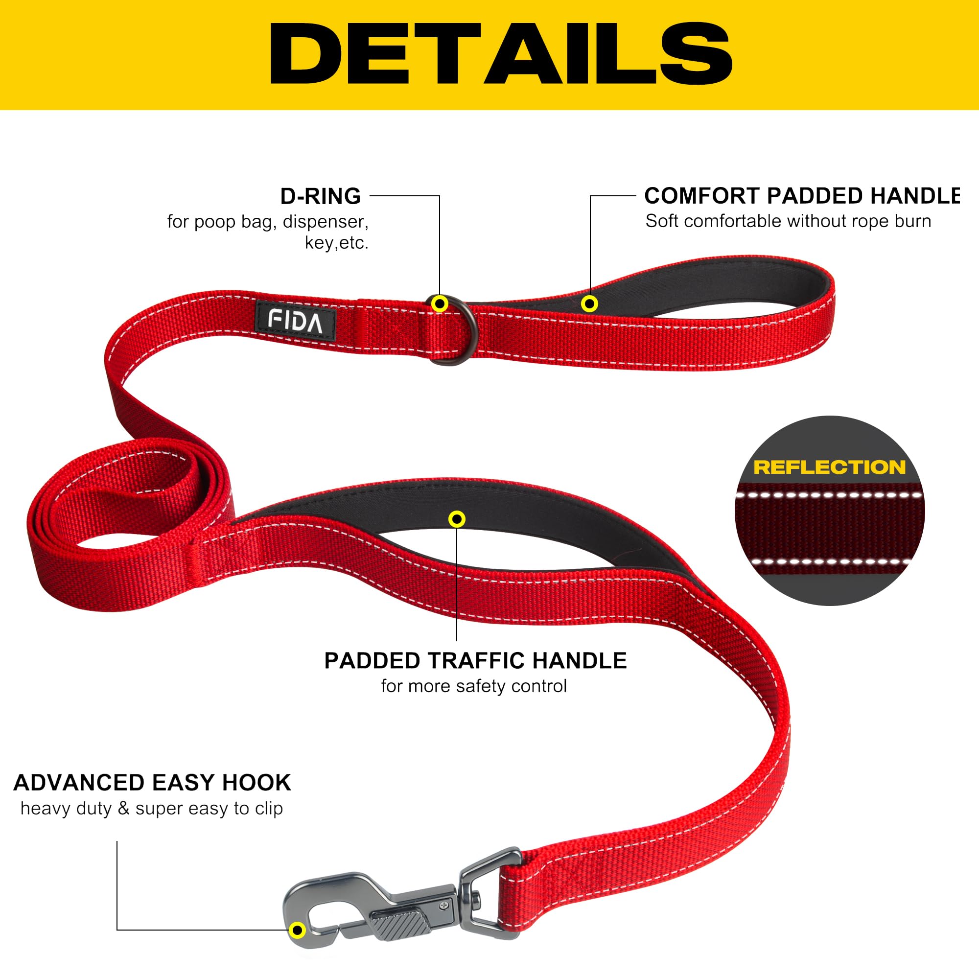 Fida Heavy Duty Dog Leash - 5 FT Nylon with Padded Handles, Reflective, Red