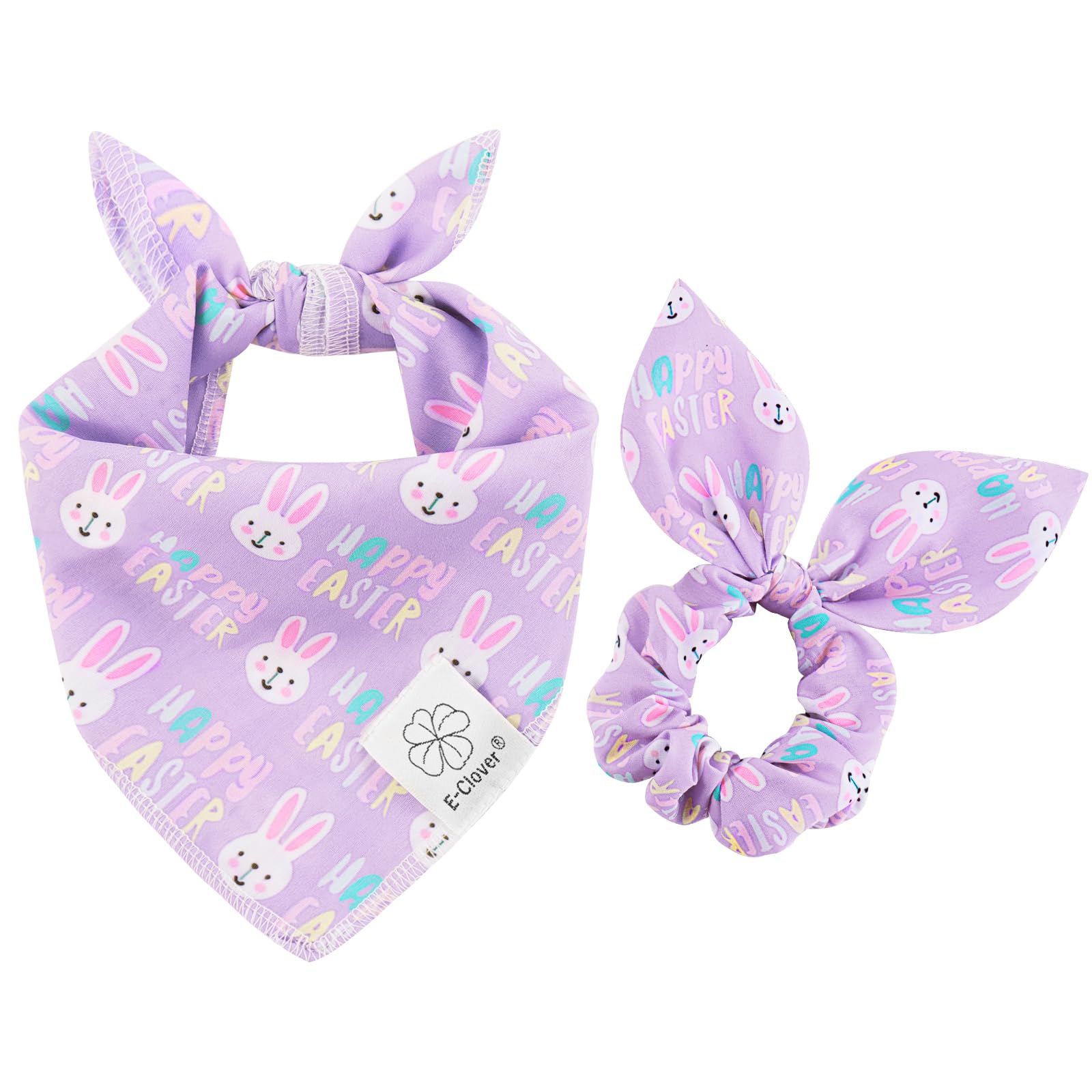E-Clover Easter Dog Bandana & Matching Scrunchie-Bunny Dog Bandanas Pet Scarf Bib For Samll Dogs Puppy Girl Boy Owner Gift Purpl