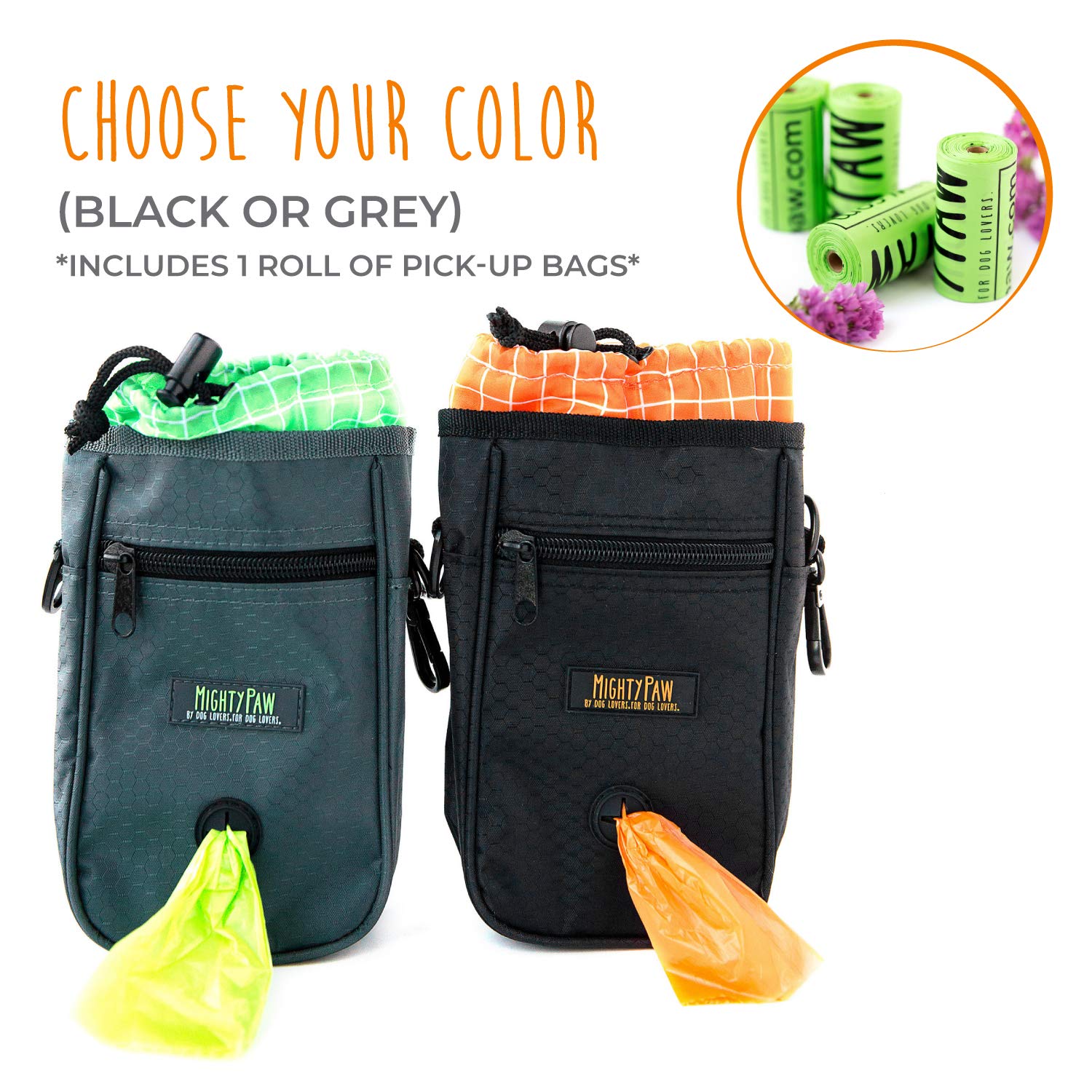 Mighty Paw Dog Treat Bag - Drawstring Closure Pouch - Includes Carabiner Hook and Pick-up Bags - Paw Treat Bag - Training Treat