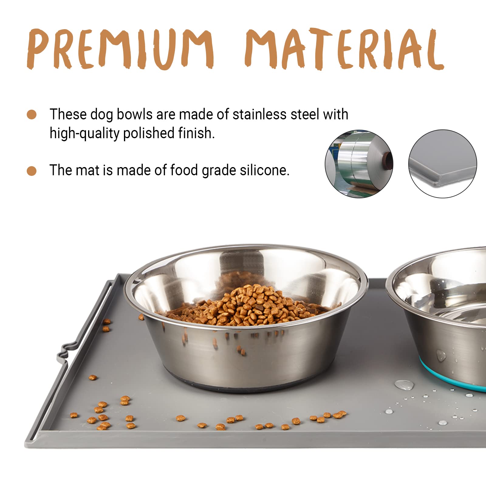 PEGGY11 Deep Stainless Steel Anti-Slip Dog Bowls with Silicone Mat - 2 Bowls + Mat, 8 Cups