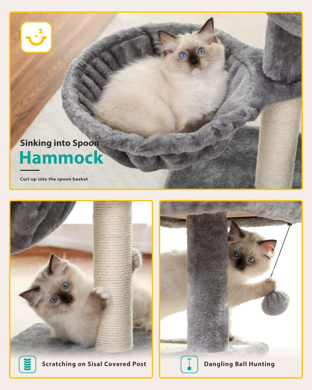 Petepela Cat Tree For Small Indoor Cats, Plush Cat Tower With Large Cat Condo, Deep Hammock And Sisal Cat Scratching Post For Ki