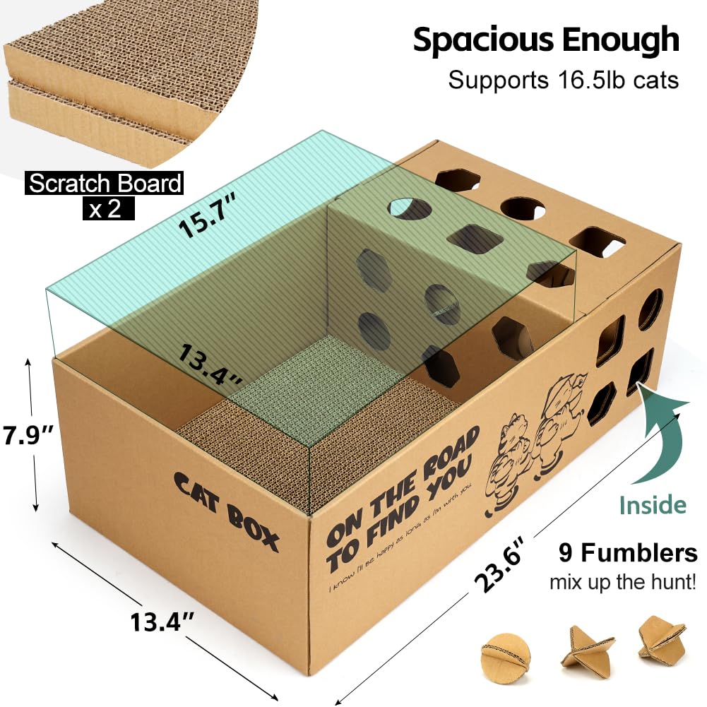 3-In-1 Multi-Functional Cardboard Cat Scratcher Box With Double-Sided Scratch Pad And Interactive Toy Assortment - Includes Refi