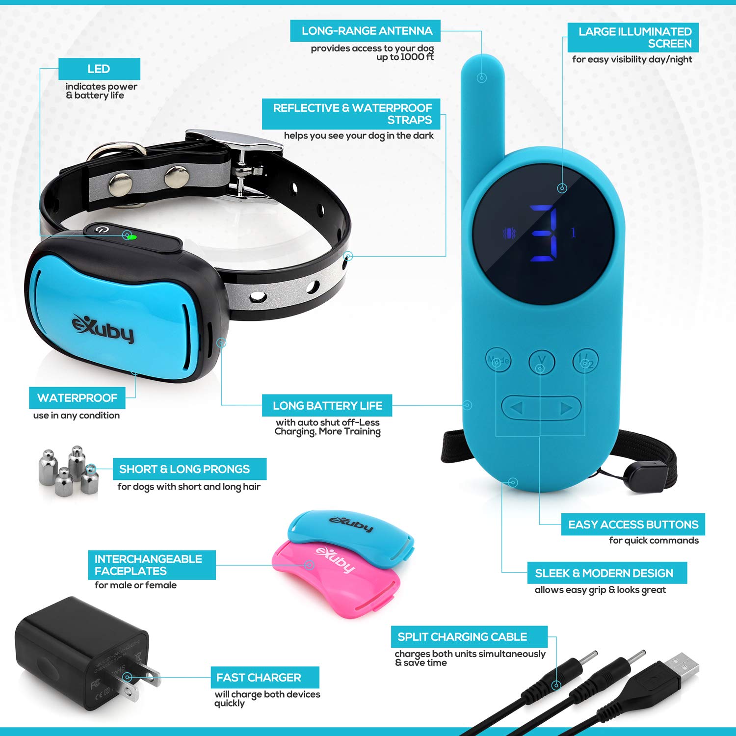 eXuby Tiny Shock Collar for Small Dogs 5-15lbs - Water-Resistant, Teal, Model EXBTZ812, 9 Intensity Levels, Small Size, Plastic Material