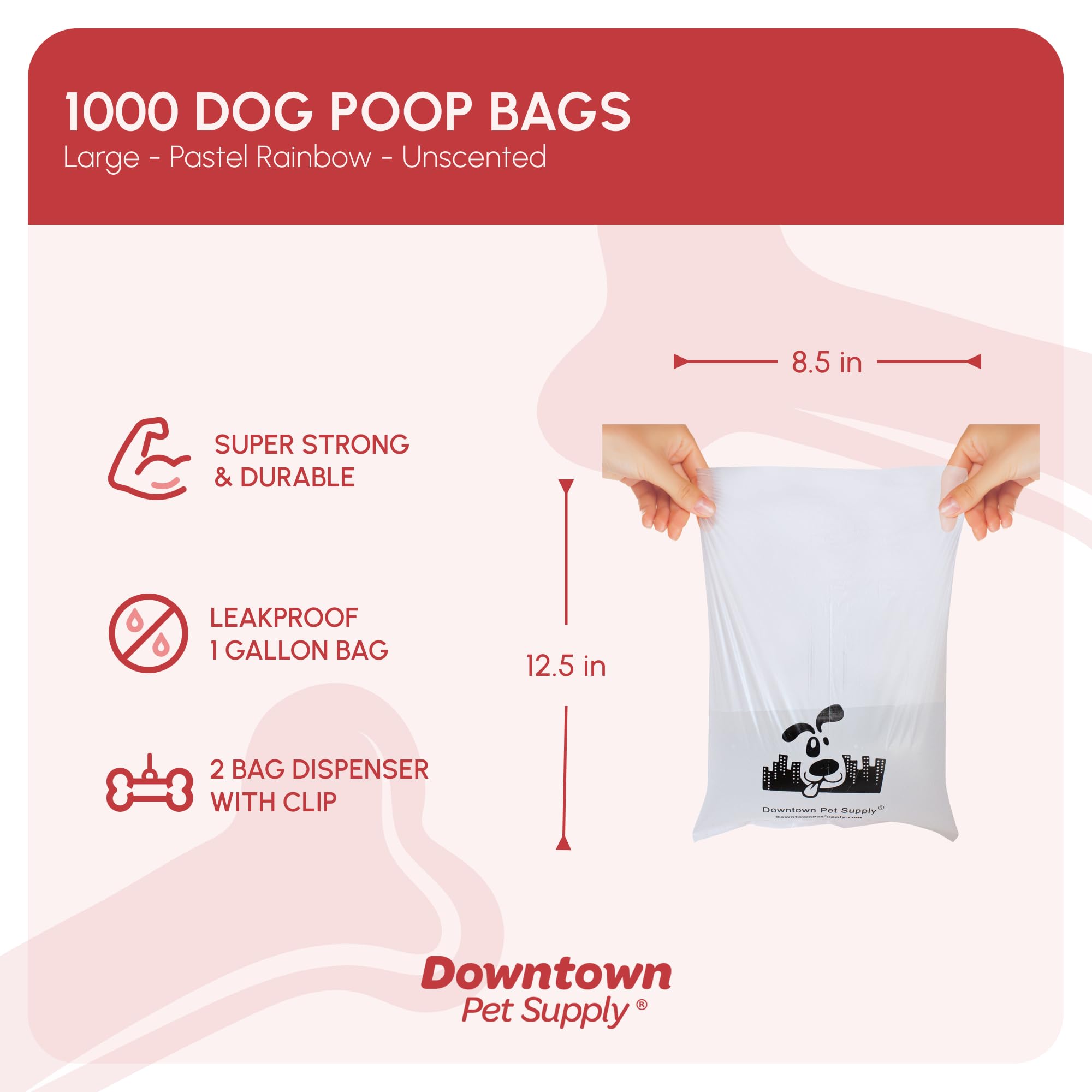 Downtown Pet Supply Unscented Poop Bags For Dogs With Dispenser, 1000 Count - Leak-Proof Dog Waste Bags And Bone-Shaped Dog Poop Bags Holder For Leash - Pastel Rainbow, 12.5' X 8.5'