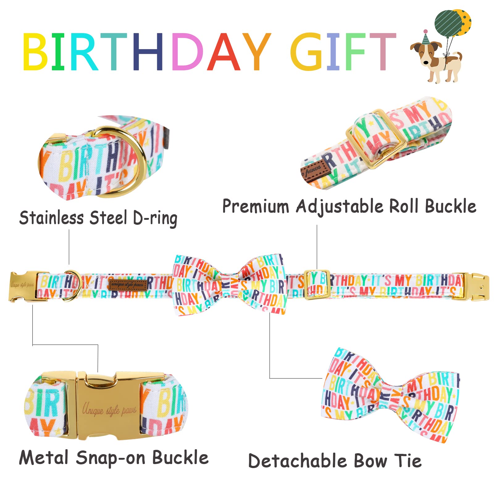Unqiue Style Paws Birthday Dog Collar, Soft And Cute Dog Bow Tie, Durable Pet Collar With Bow Adjustable Bow Dog Collar For Medium Dogs