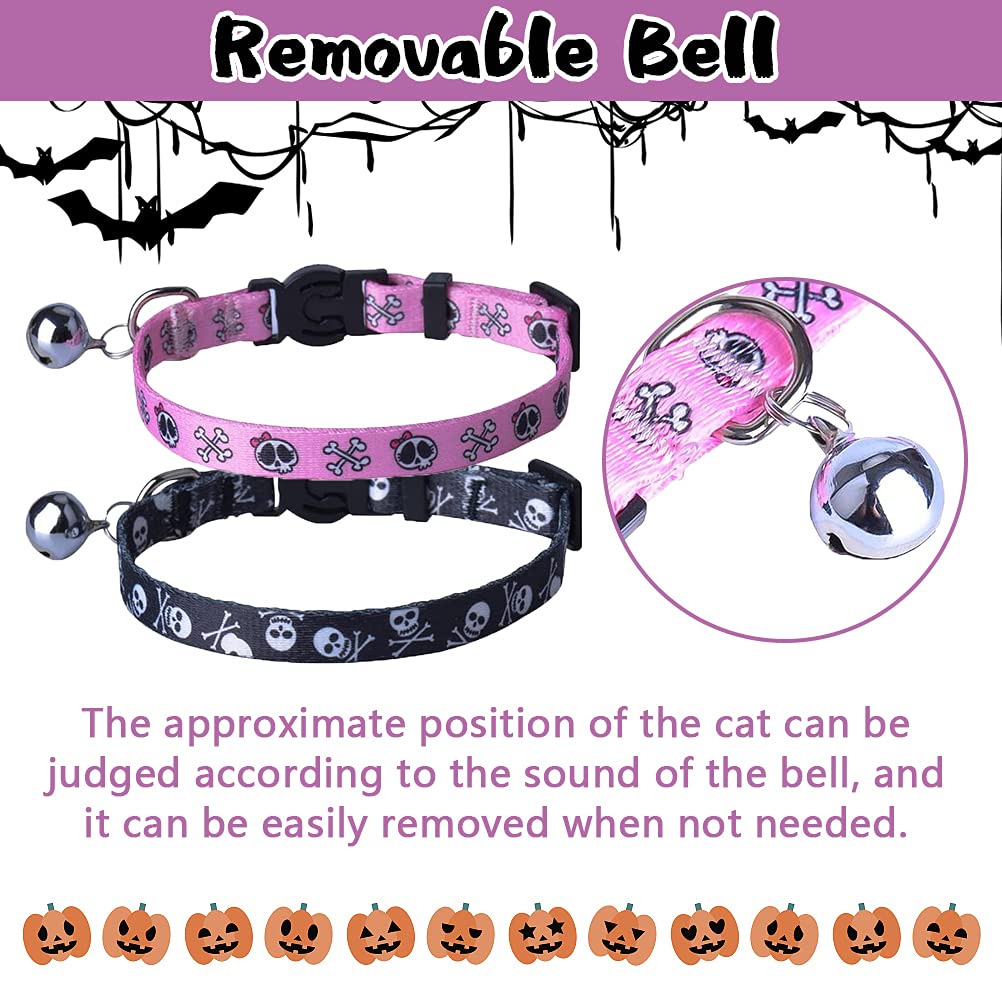 Pupteck Breakaway Cat Collar With Bell Charm, 2 Packs Adjustable Kitty Collars Pink & Black Skull Pattern