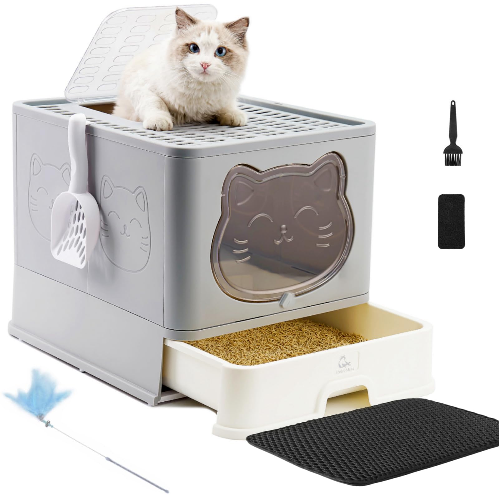 HelloMiao Fully Enclosed Litter Box with Lid, Foldable Extra Large Cat Toilet, Drawer Type Cat Litter Tray with Plastic Scoop, S