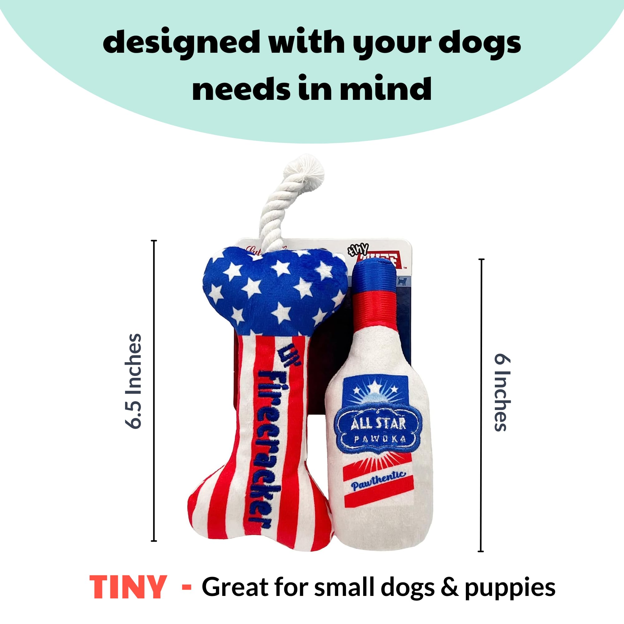 Huxley & Kent Tiny Tuff | Red, White, & Booze | Extra Tough Dog Toy For Small Dogs | 2-Pack Funny Dog Toy | Features Squeaker, C