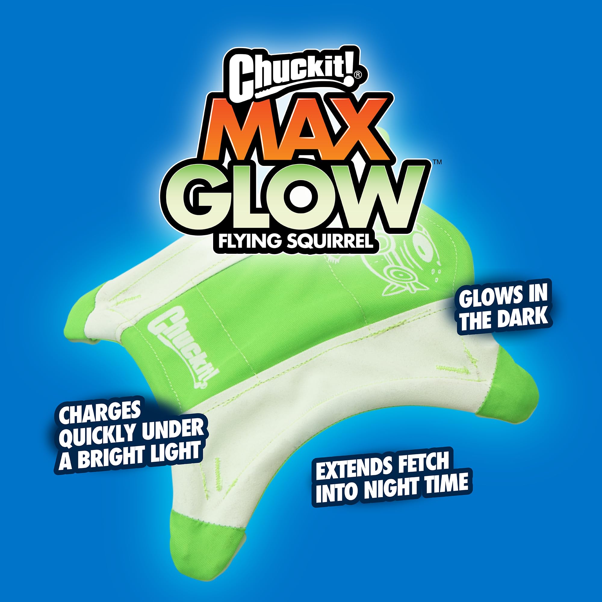 Chuckit! Flying Glow Squirrel Fetch Dog Toy, (10.5 Inch Length), Glow In The Dark Dog Toy, Pack Of 1, Size Medium, For All Breed