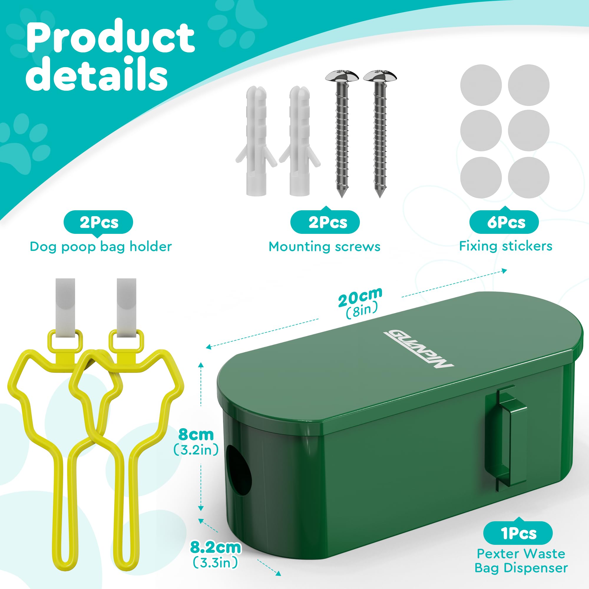 Guanpin Dog Poop Bag Dispenser Wall Mount, Magnetic Closure, High Capacity, Green, 1 Count, Metal, Corrosion-Resistant, Model GH-LD422G
