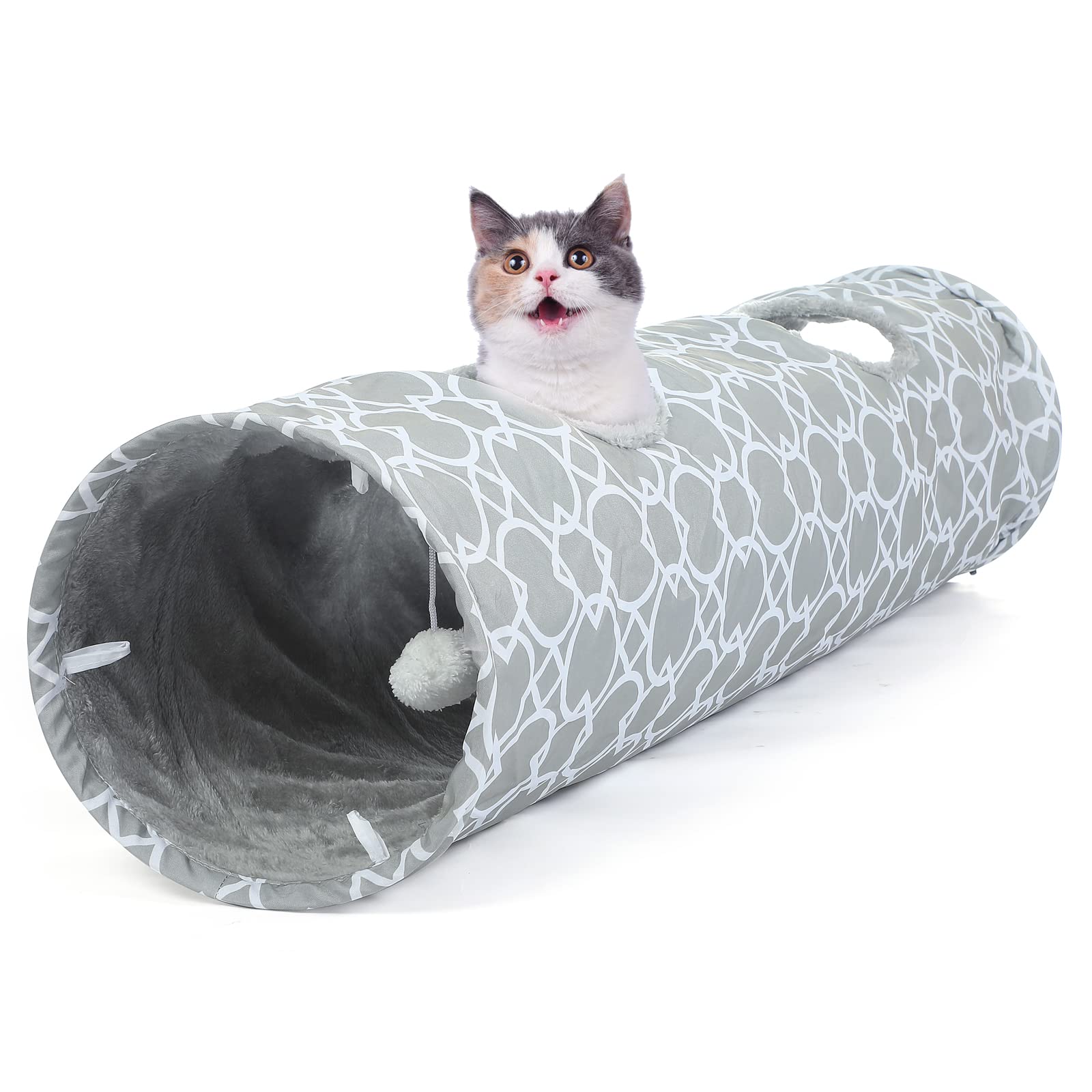 Luckitty Geometric Straight Cat Tunnel With Plush Inside,Cats Toys Collapsible Tunnel Tube With Balls, For Rabbits, Kittens, Ferrets,Puppy And Dogs,Diameter 11.8 Inch