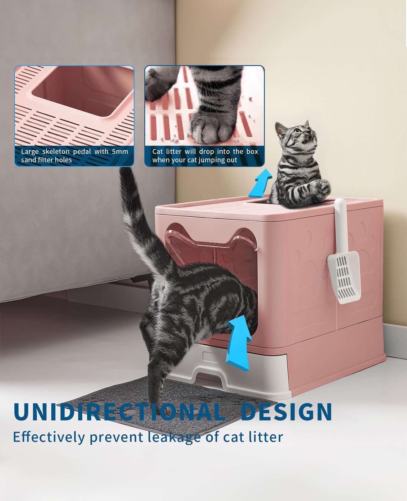 Medario Cat Litter Box with Litter Mat and Scoop, Large Foldable Litter Box with Lid, Front Entry Top Exit Kitty Box, Odor Contr