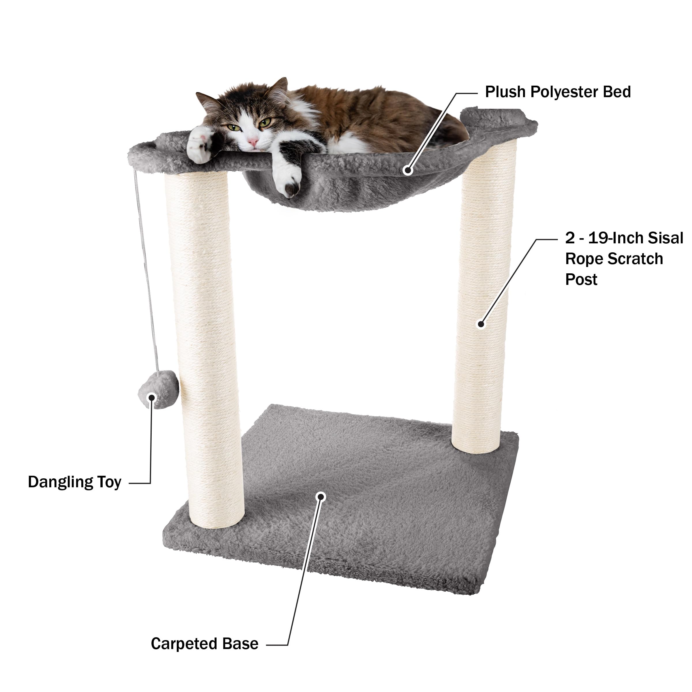 Cat Hammock With Scratching Posts For Indoor Cats - 19-Inch-Tall Cat Tree With Hanging Ball Toy For Adult Cats And Kittens By Pe