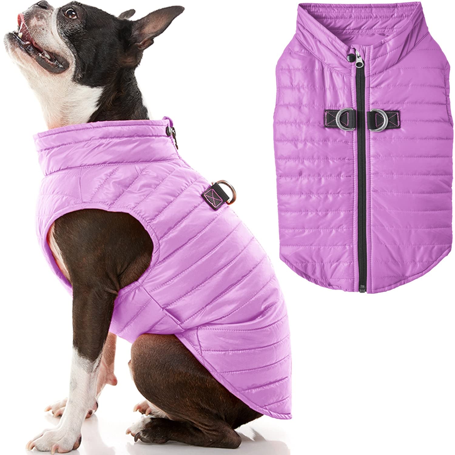 Gooby Puffer Vest Dog Jacket - Purple, X-Large - Ultra Thin Zip Up Wind Breaker With Dual D Ring Leash - Water Resistant Small D