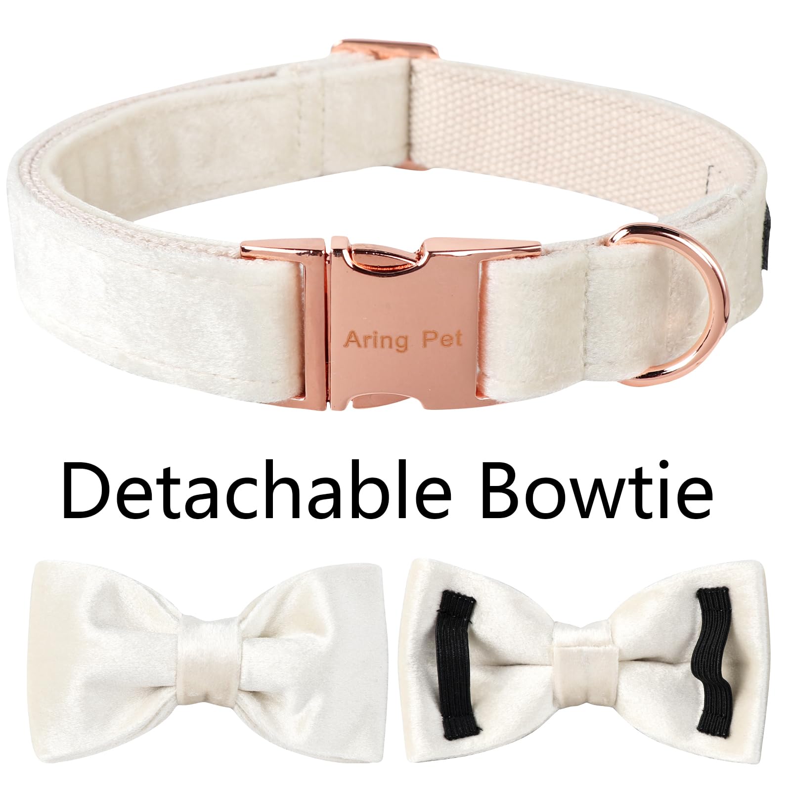 ARING PET Bowtie Dog Collar-Velvet Dog Collars with Detachable Bowtie, White Wedding Soft Dog Collar,Small.