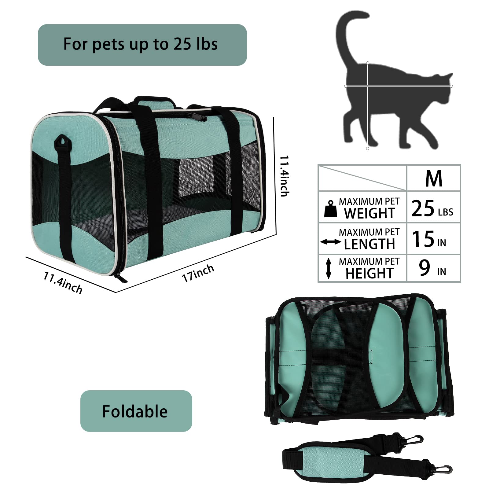 Top Tasta Cat Carrier - Soft-Sided Pet Travel Bag, Airline Approved, 17"x11"x11", Green, Up to 15 lbs, Model: top tasta-2-1