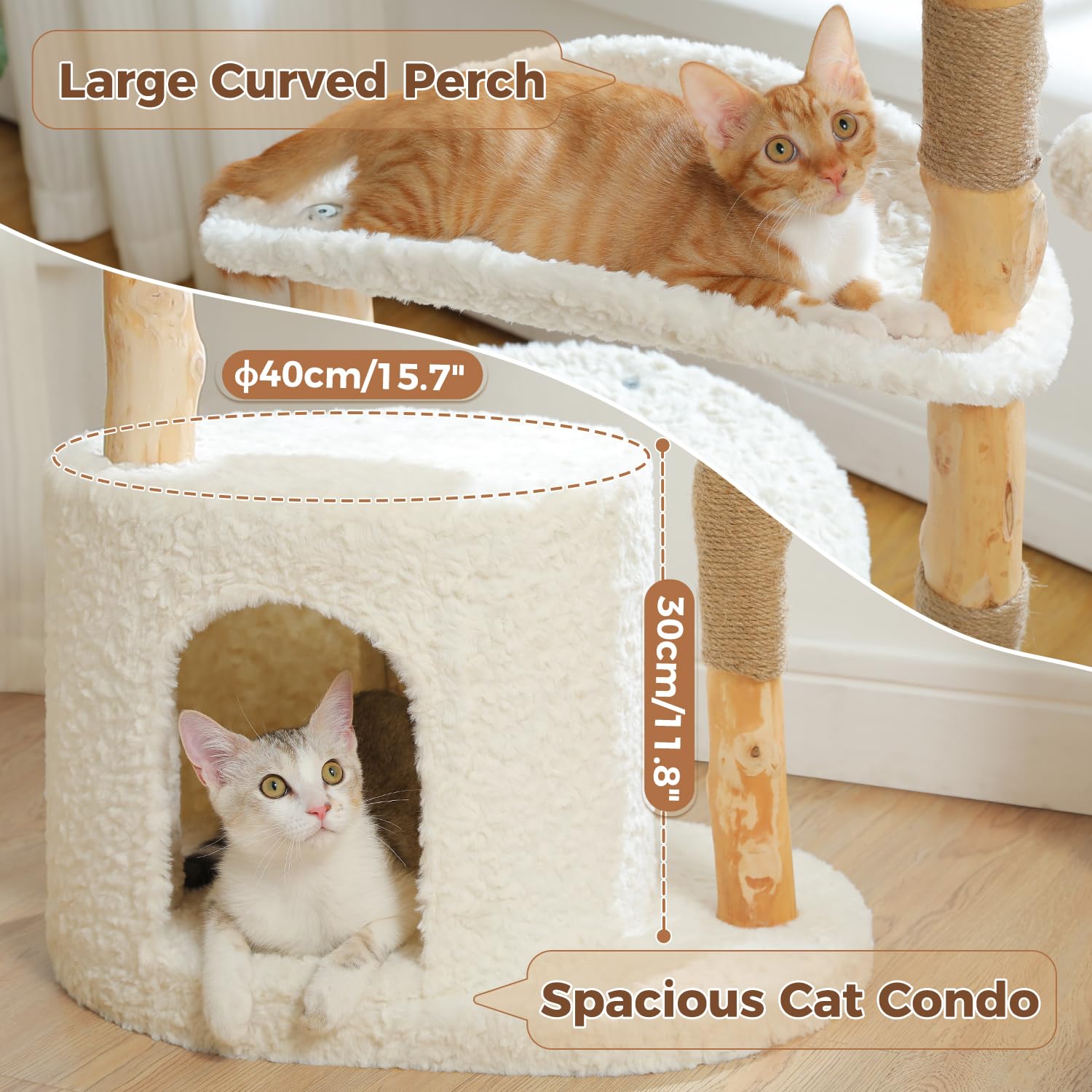 Pawz Road Cat Tree For Indoor Cats Large Adults,38 Inches Modern Cat Tree Tower With Spacious Wicker Basket,Natural Solid Wood S