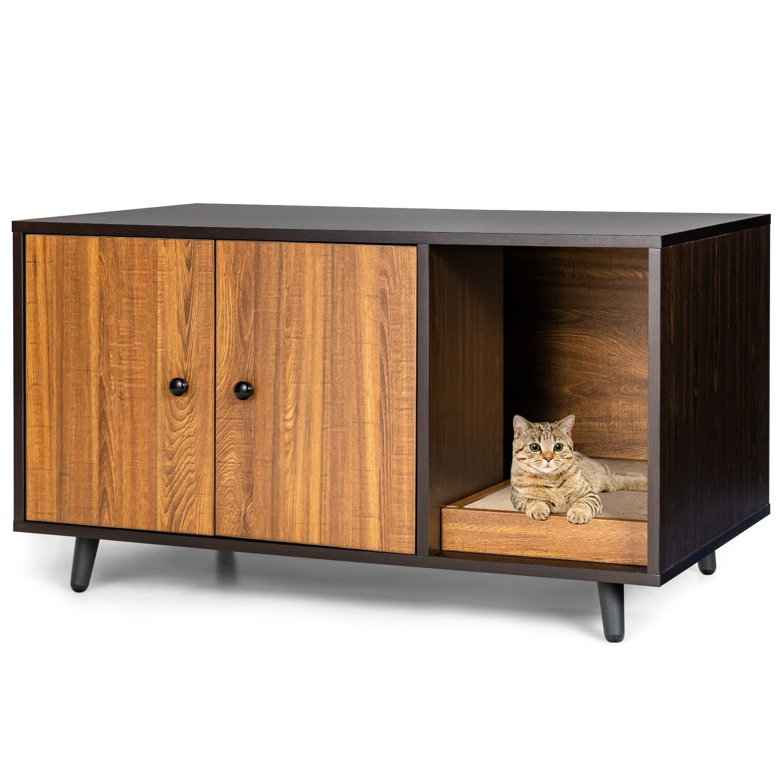 Petsite Cat Litter Box Enclosure, Wooden Hidden Cat Washroom Furniture With Divider & Cat Scratcher, Stackable Pet House End Table