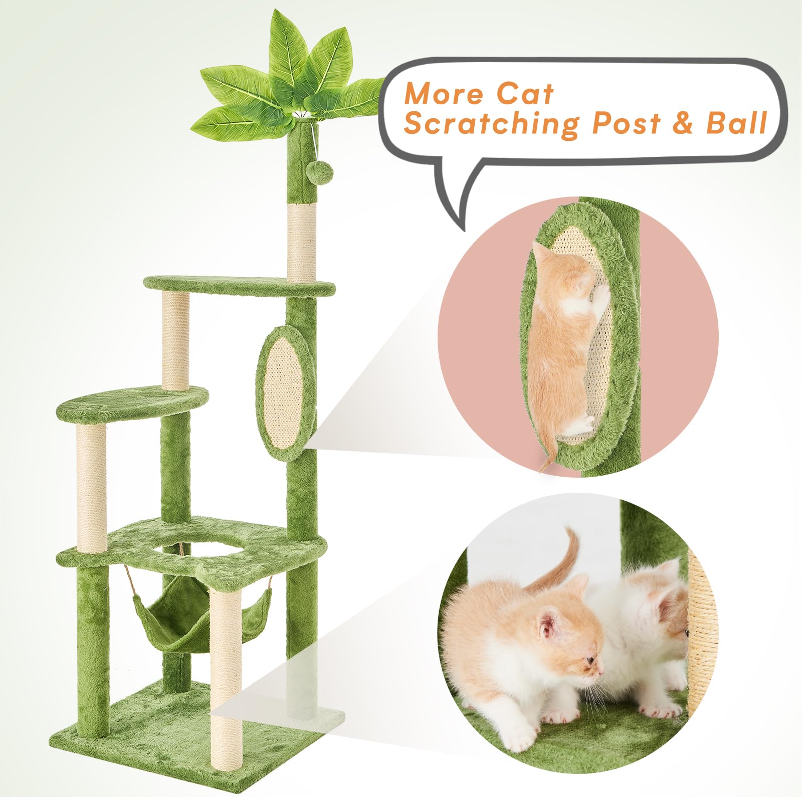 TSCOMON 55 Cat Tree for with Green Leaves, Multi-Level Large Cat Tower with Hammock, Plush Cat House with Hang Ball Toy and Sisa