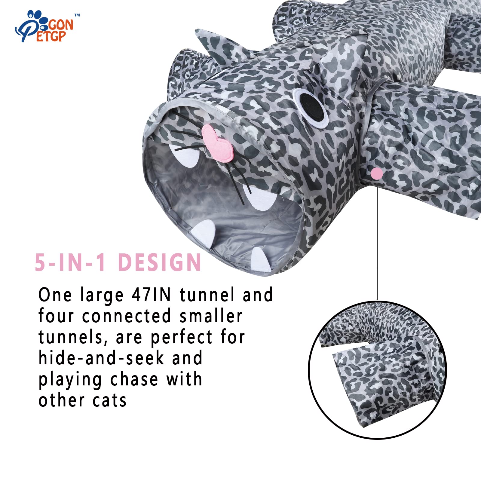 GONPETGP Cat Tunnel - Large Collapsible Interactive Crinkle Tube, 11x46in, Grey, Model A-03, Ideal for Cats and Small Pets