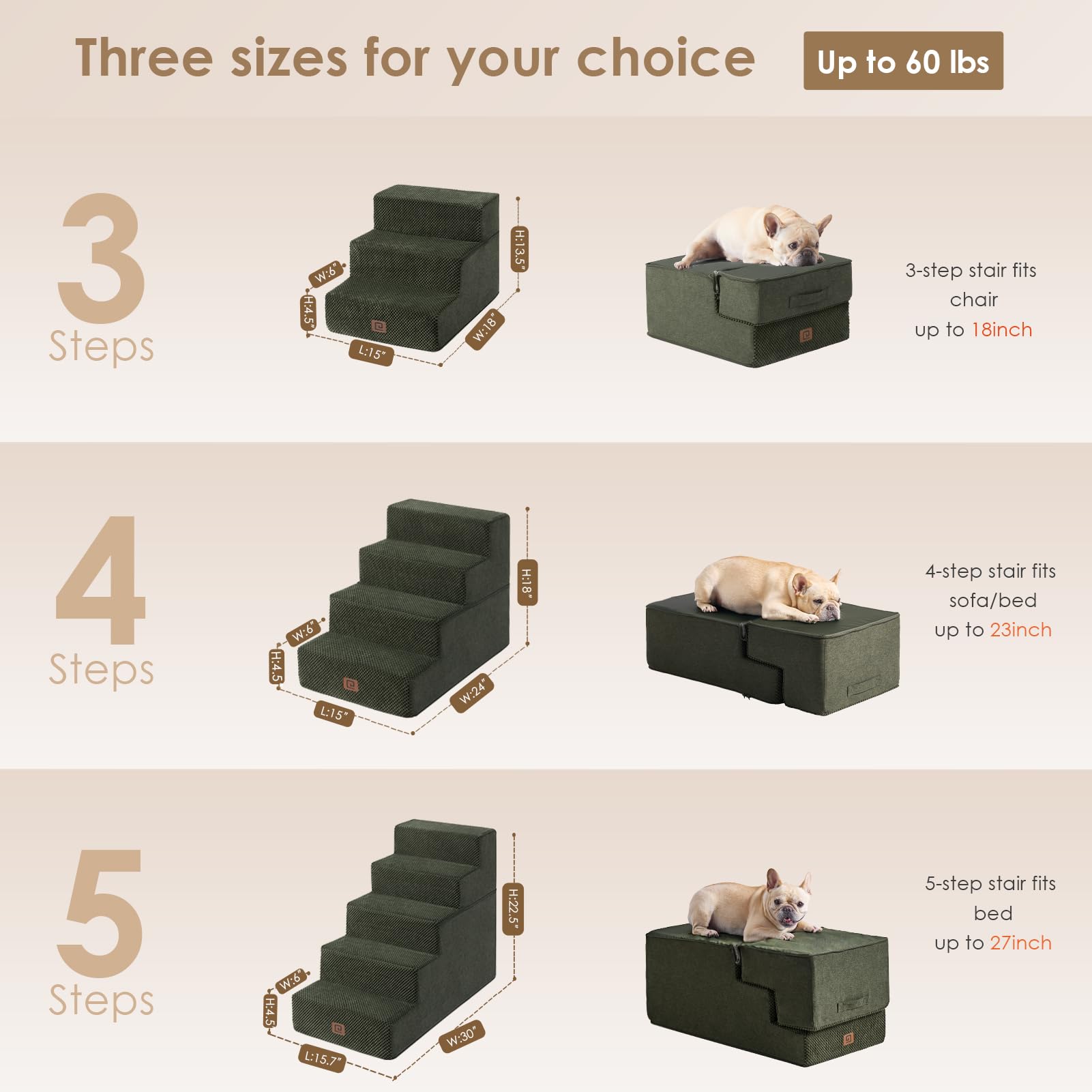 Eheyciga Dog Stairs For High Bed 22.5”H, 5-Step Dog Steps For Bed, Pet Steps For Small Dogs And Cats, Non-Slip Balanced Dog Indoor Ramp, Olive Green