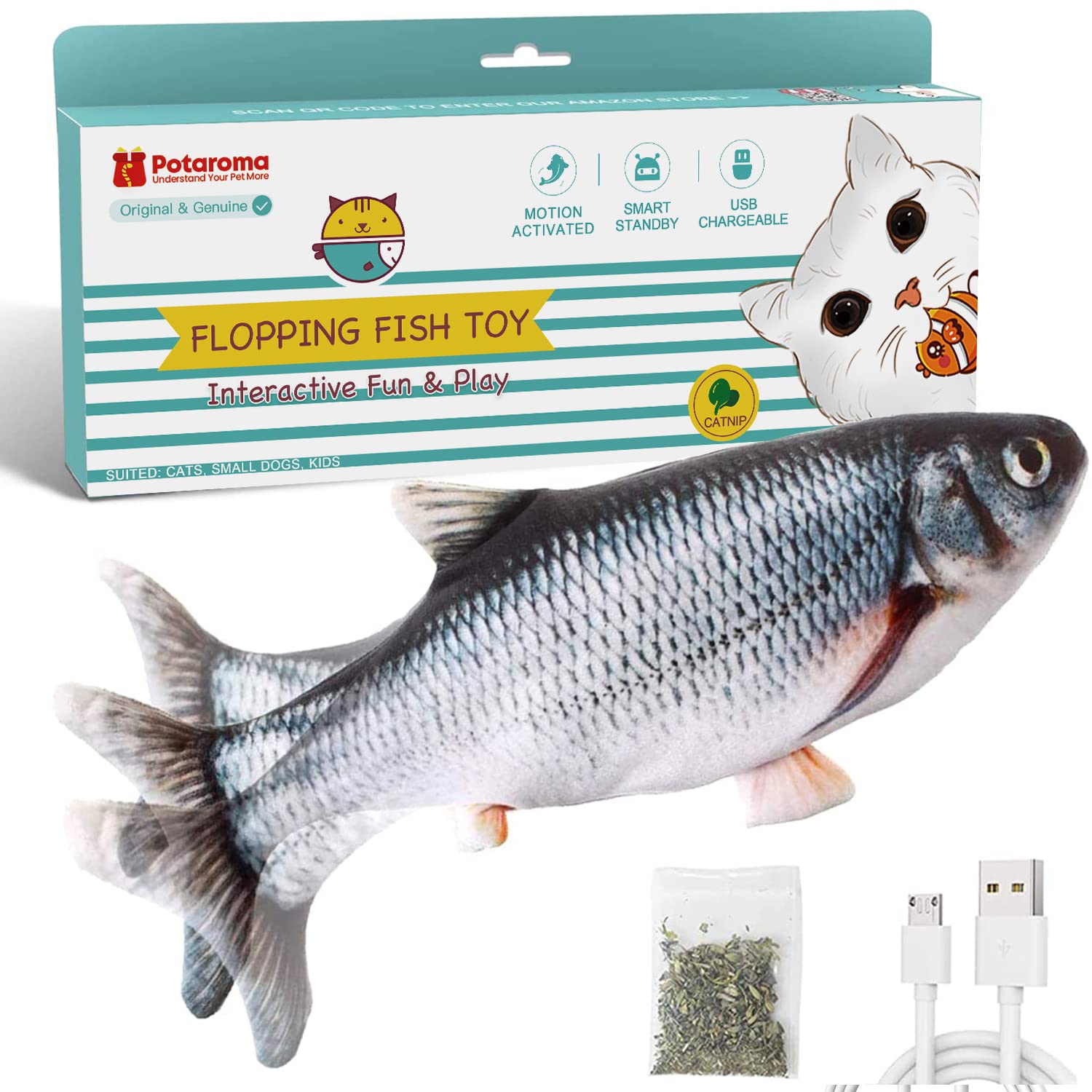 Potaroma Cat Toys Flopping Fish With Silvervine And Catnip, Moving Kitten Kicker, Floppy Wiggle Carp For Small Dogs, Interactive Motion Kitty Exercise, 10.5 Inches