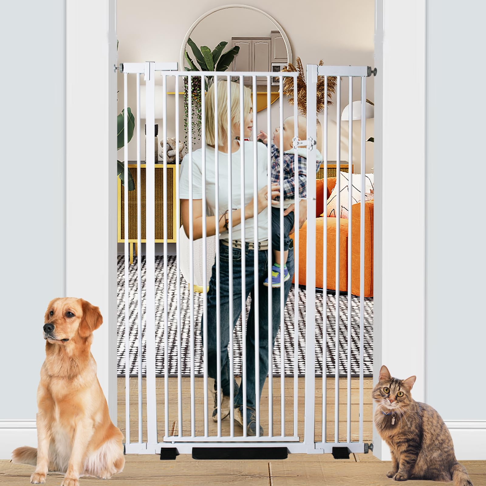 59 inch Extra Tall Cat Gate, Adjustable 29.13 and 42.08 Wide Baby Gate, Pressure Mounted Full Door Pet Gates for Doorway, Stairs