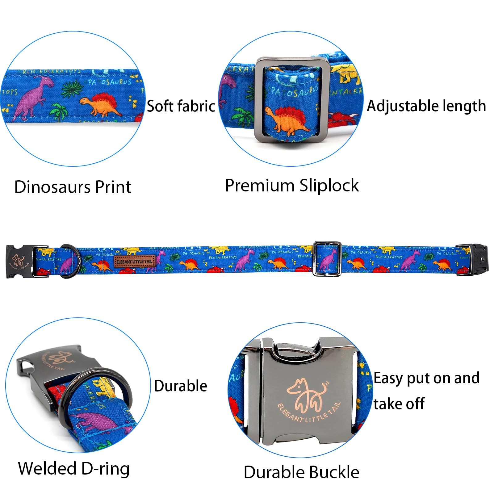 Elegant Little Tail Dog Collar, Blue Dinosaurs Pattern Pet Collar Durable Cute Dog Collars Male Or Female Pet Gift Adjustable Do