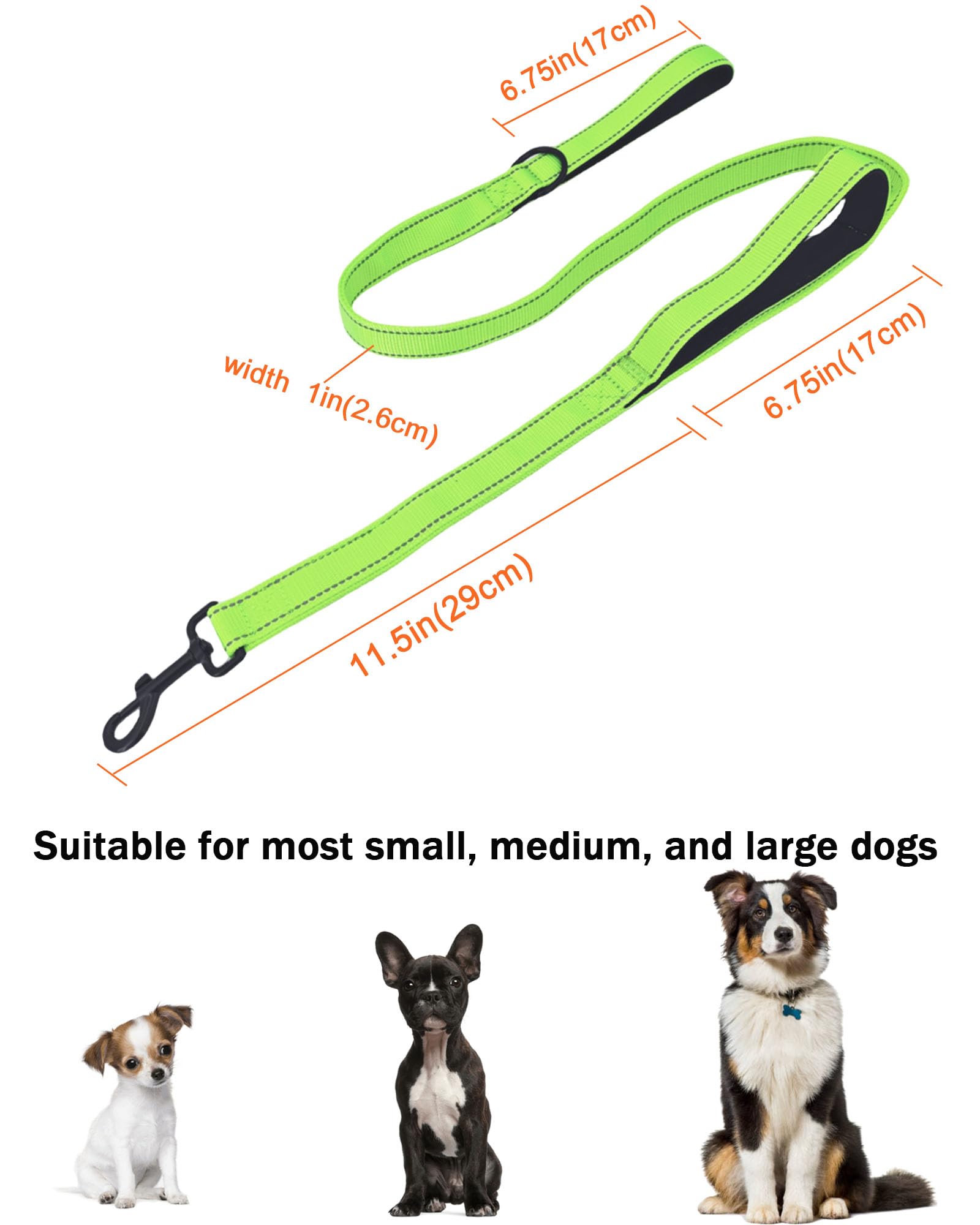 Solmoony 4Ft Green Strong Dog Leash With 2 Padded Handles, Traffic Handle Extra Control, Double-Sided Reflective Walking Lead Fo