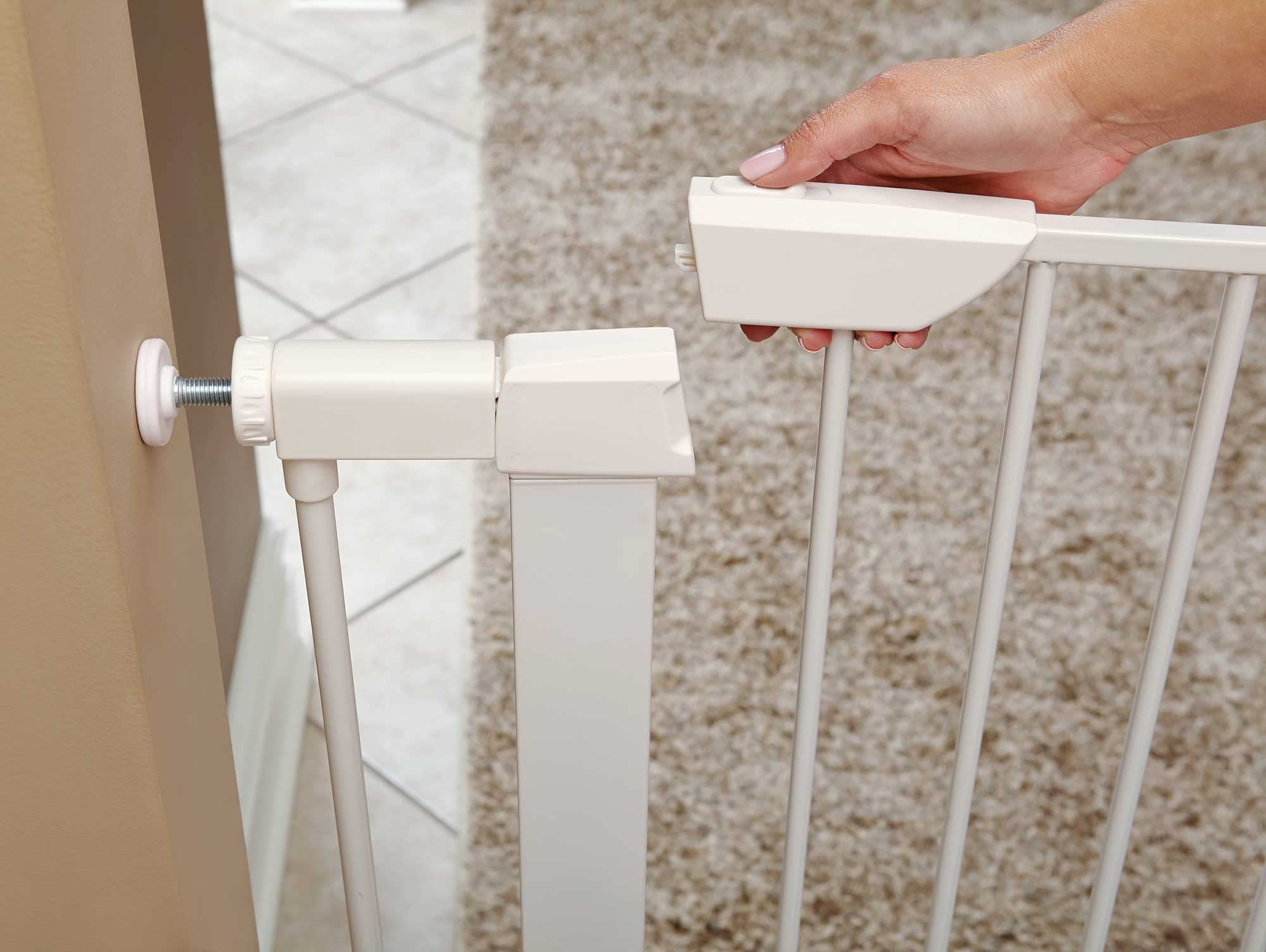 Midwest Homes For Pets 29 Inches Tall Walk-Though White Steel Pet Gate, Pressure Mounted Dog Gate Measures 29H X 29.5-38W Inches & Includes Two 3-Inch-Wide Extensions, White