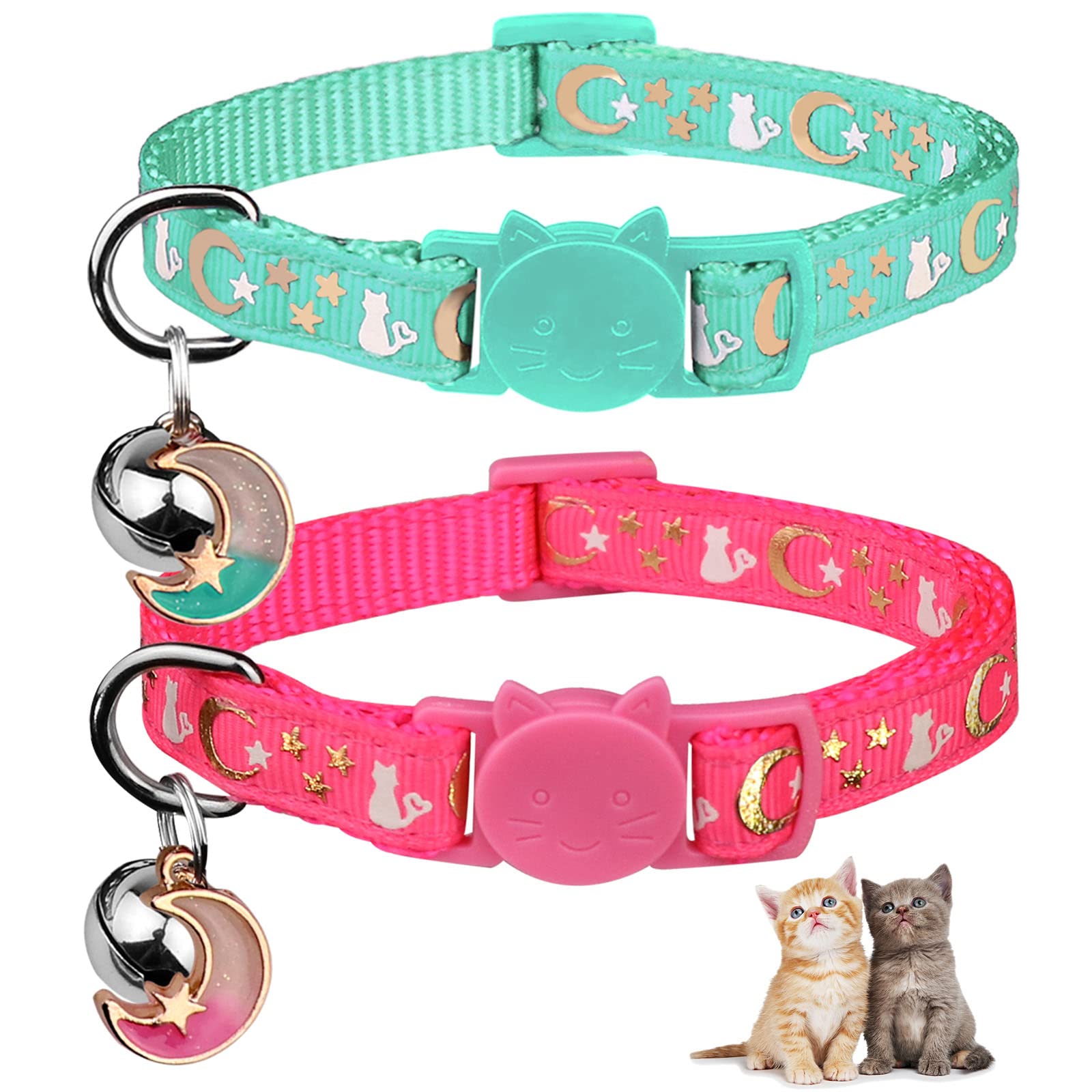 2Pcs Breakaway Cat Collars With Bell Moons Stars Cute Kitty Adjustable Safe Kitten Collars With Pendant Glow In The Dark(Pink&Teal)