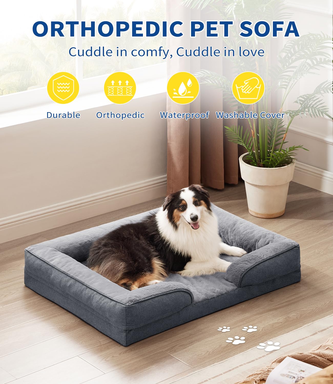 MADE 4 PETS Large Orthopedic Dog Sofa Bed, 42" Gray Egg-Crate Foam with Washable Waterproof Cover