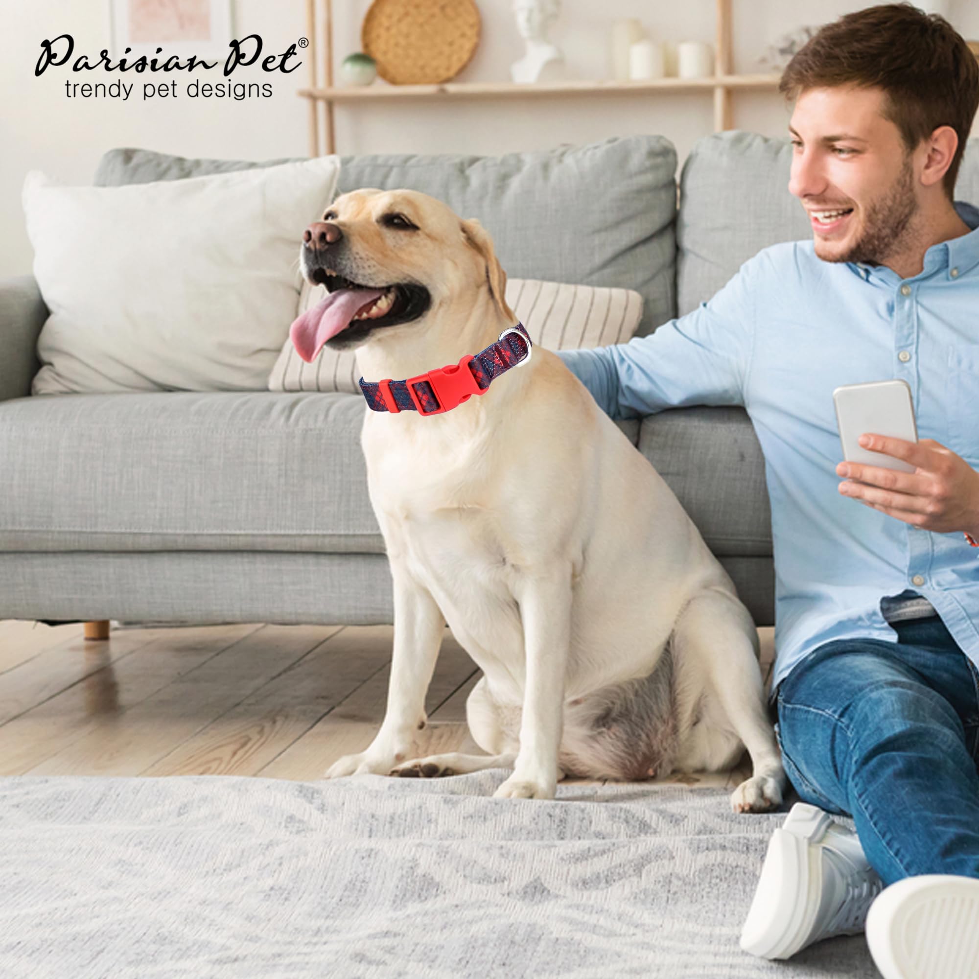 Parisian Pet Dog Collar - Adjustable “ Scottish Red Plaid “ Pattern Puppies Collar - Comfortable, Nylon Dog Collar - Breathable Dog Collars For Large Dogs L