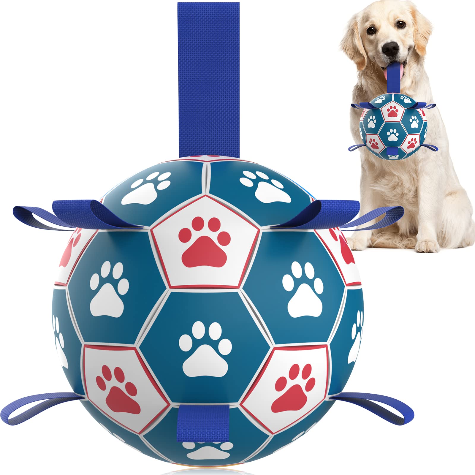 Qdan Dog Ropes Toys Soccer Ball With Straps, Interactive Dog Toys For Tug Of War, Puppy Birthday Gifts, Dog Tug Toy, Dog Water Toy, Durable Dog Balls For Medium & Large Dogs(8 Inch)