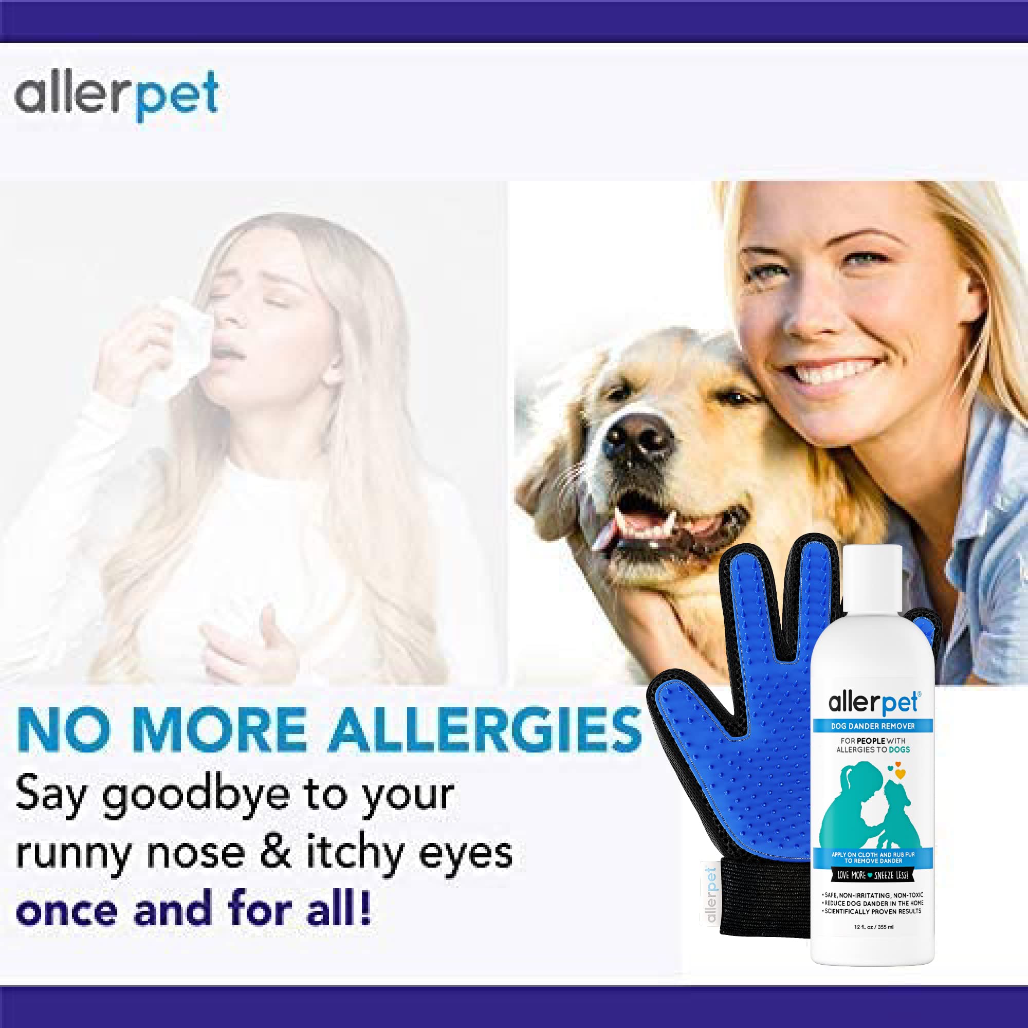 Allerpet Dog Dander Remover with Free Grooming Gloves - 12oz - Effective for Allergens & Canine Dry Skin Treatment