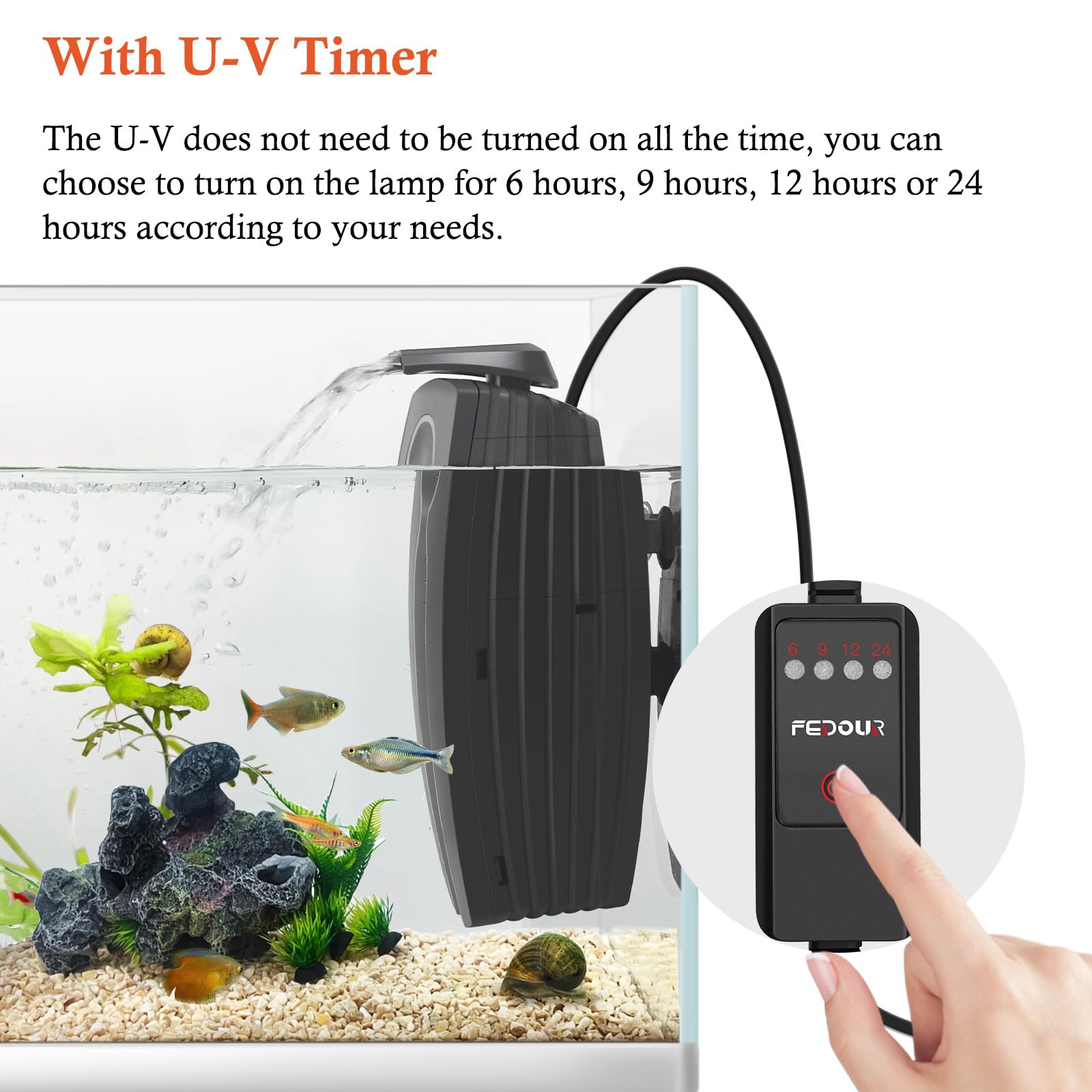 FEDOUR 165GPH U-V Aquarium Filter Pump with Timer for 10-50 Gallon Tanks, Model 138, Includes Biochemical and Activated Carbon Cotton