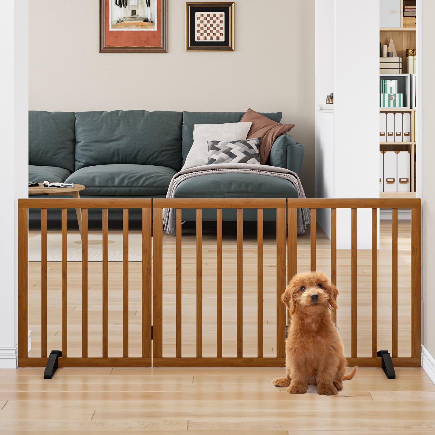 Mino Kesper Freestanding Pet Gate Foldable Dog Gate (55 inches Wide) Walnut Bamboo Dog Gates for Stairs Doorways House (2 Suppor