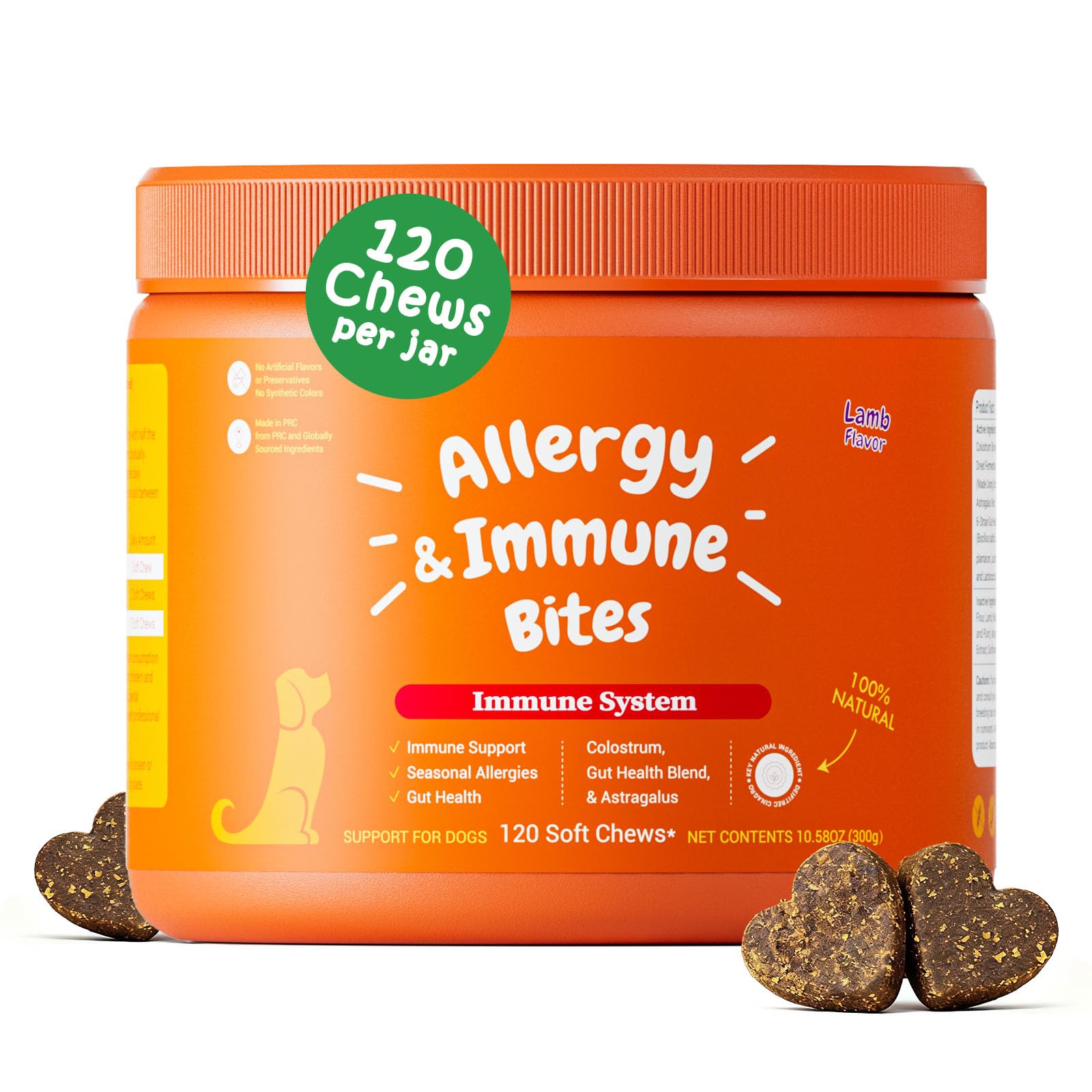 Multi-Symptom Dog Allergy Relief Chews with Probiotics - Soothe Itching, Ears, Paws - Lamb Flavored, 120ct